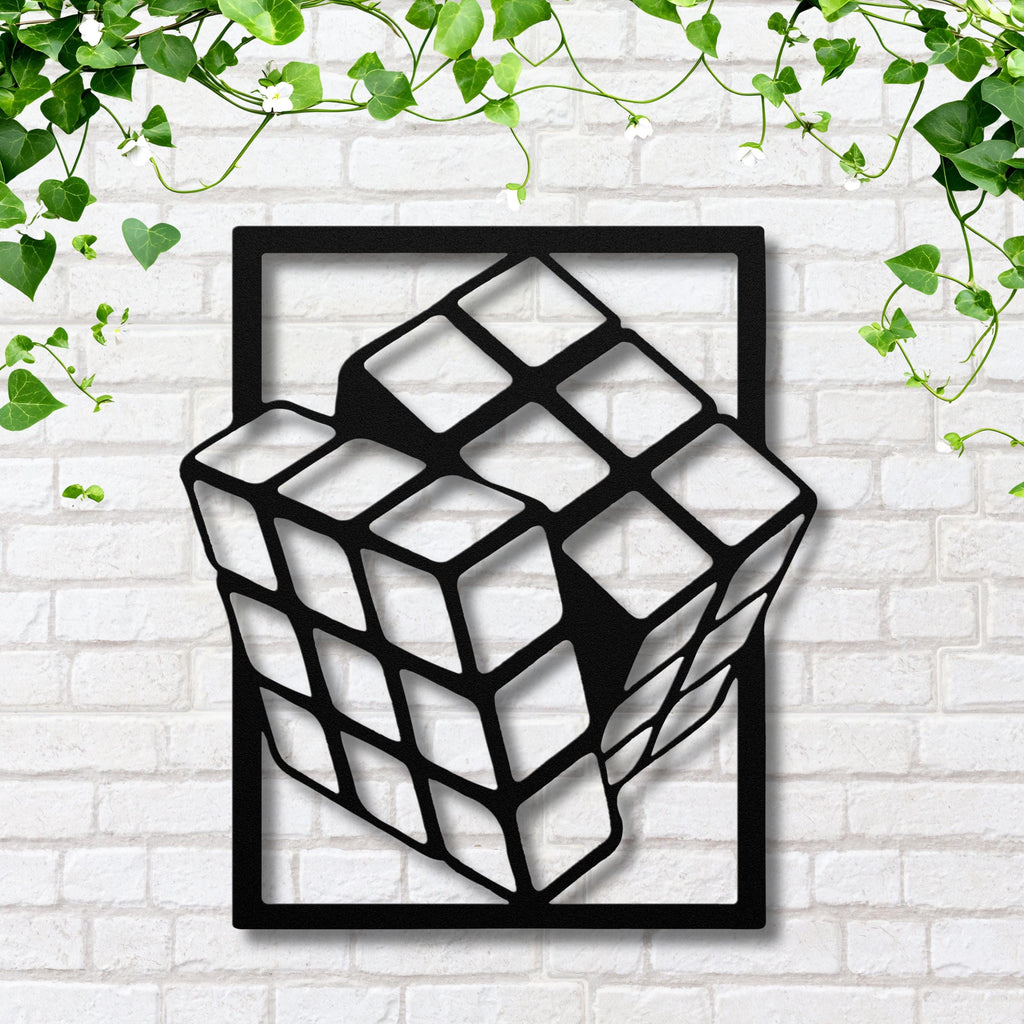 3D Rubik's Cube Metal Wall Art, Geometric Puzzle Sign, Modern Gamer Decor, Black Metal Die Cut, Unique Gift for Puzzle Lover