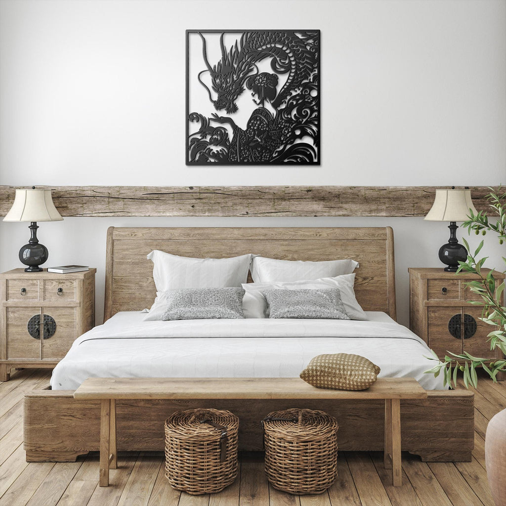 Dragon and Geisha Metal Wall Art, Japanese Floral Decor, Oriental Mythical Sign, Kimono Art