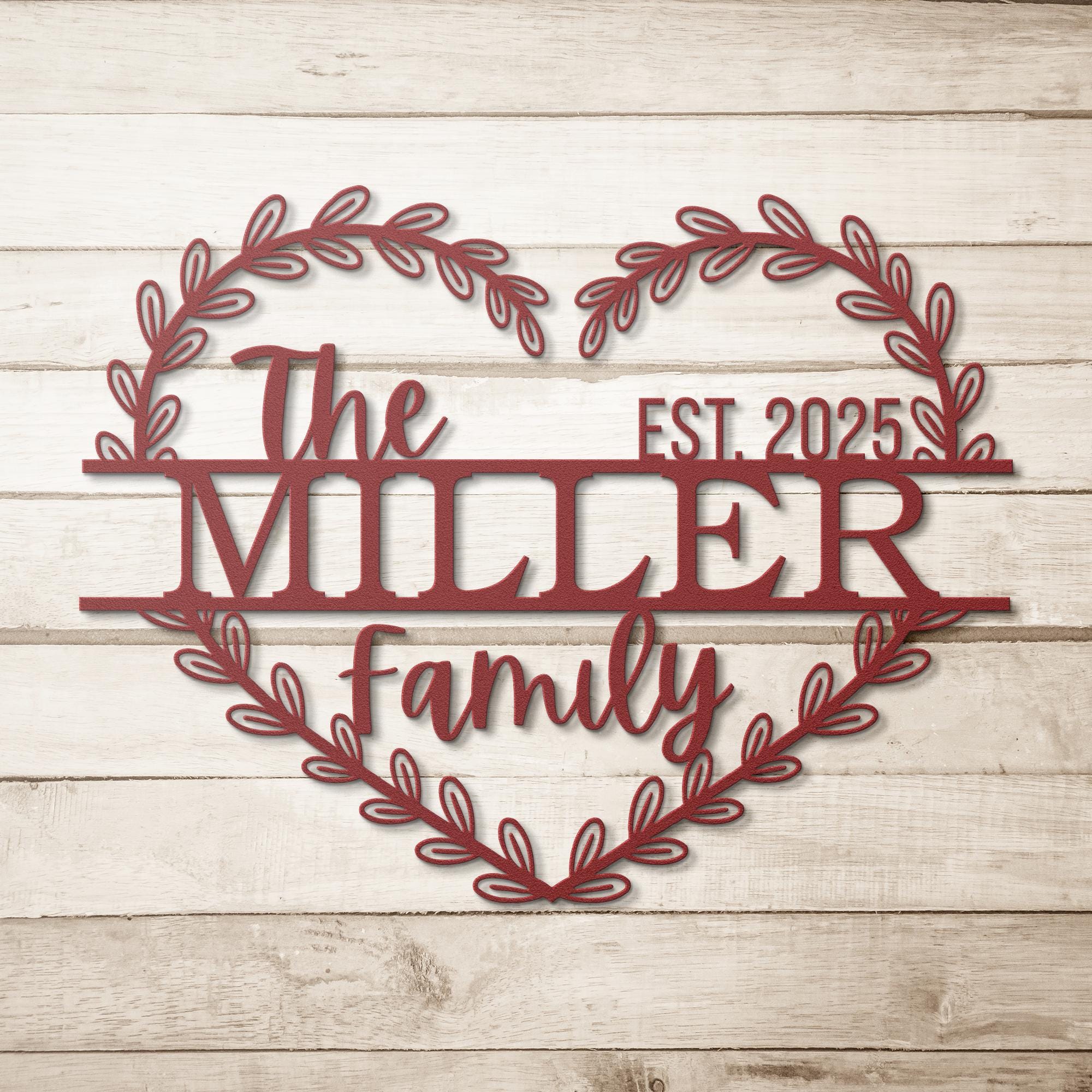 Custom Family Last Name Monogram Sign: Heart Wreath Metal Wall Art, Housewarming Gift