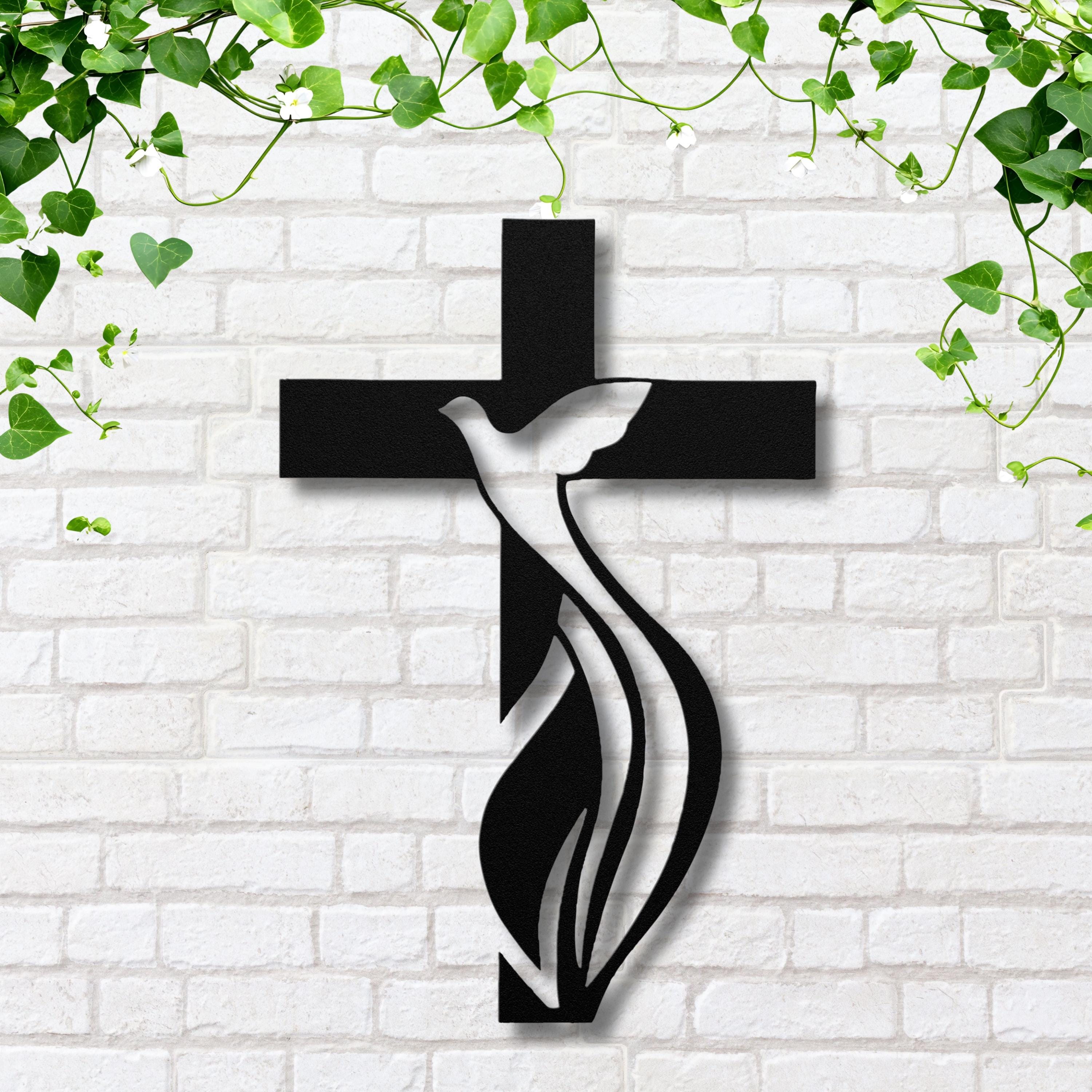 Cross Dove Metal Sign | Holy Spirit Christian Wall Art | Religious Symbol Silhouette | Baptism or Confirmation Gift