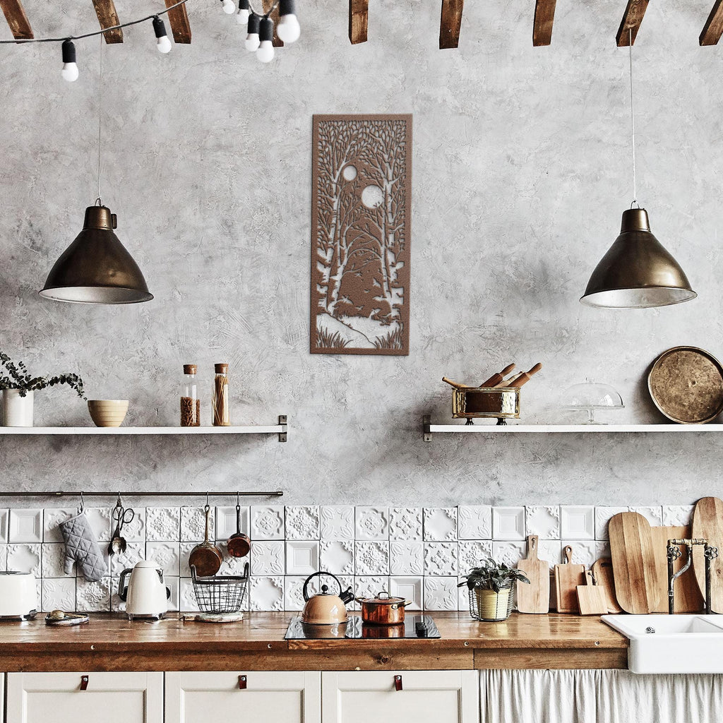 Birch Forest Metal Wall Art, Double Moon Night Scene, Tree Landscape Sign, Nature Decor