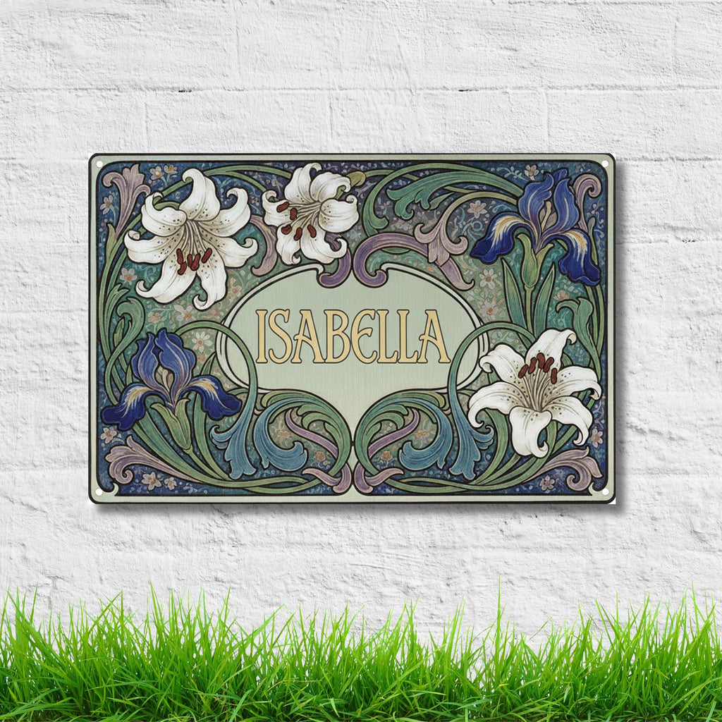 Custom Art Nouveau Name Sign, Personalized Metal Plaque, Lily Iris Floral Wall Art