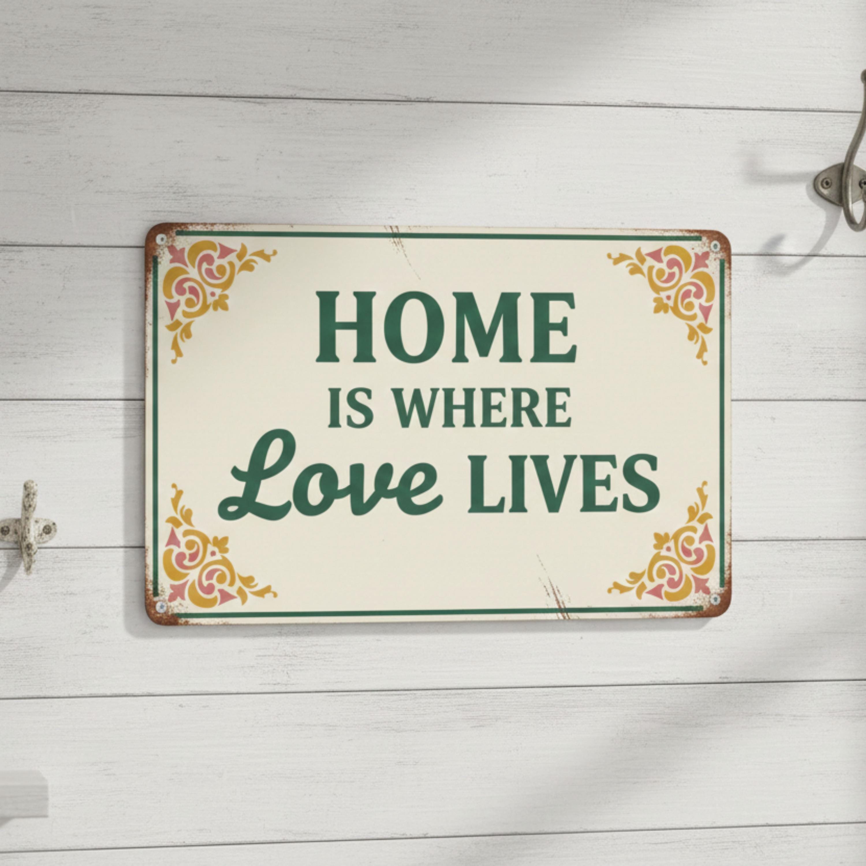 Home is Where Love Lives Metal Sign, Green Floral Wall Art, Vintage Style Decor