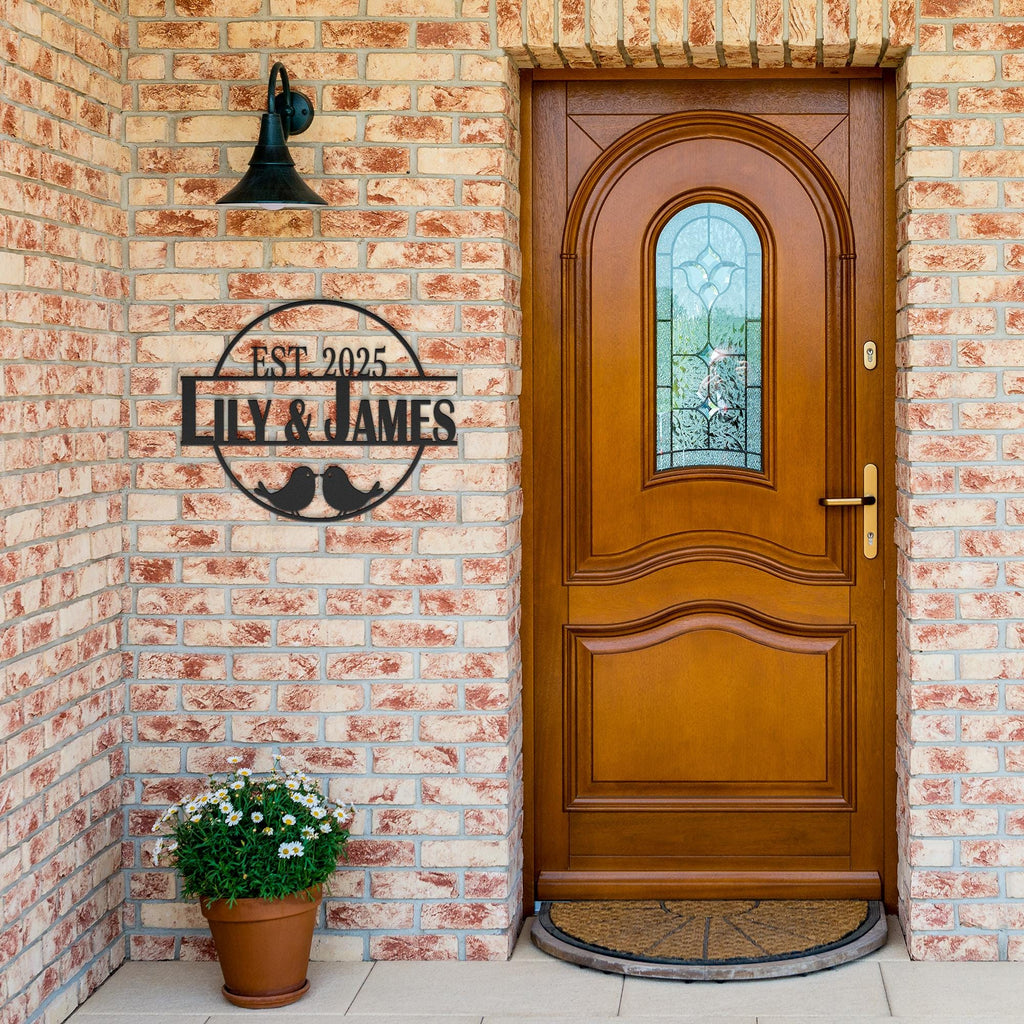 Custom Metal House Name Sign: Bird Couple Plaque, Housewarming Gift