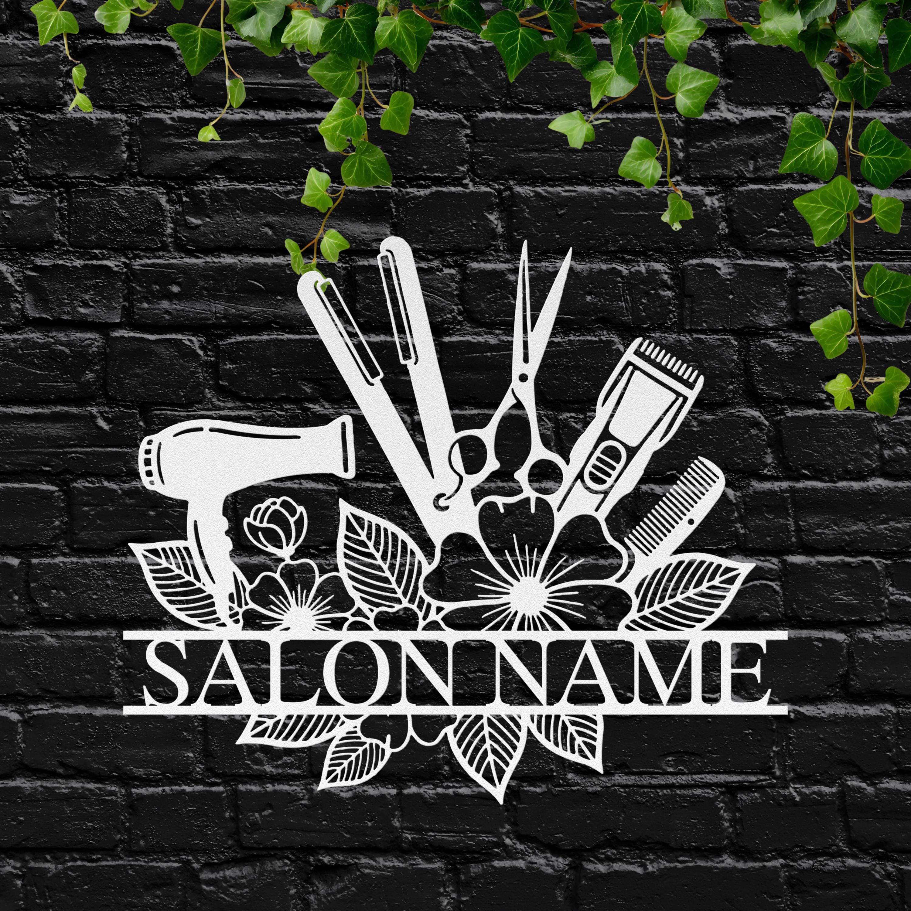 Personalized Hair Salon Metal Sign, Custom Barber Shop Decor, Die Cut Hair Tools & Flowers Art, Stylist Gift, Beauty Studio Plaque