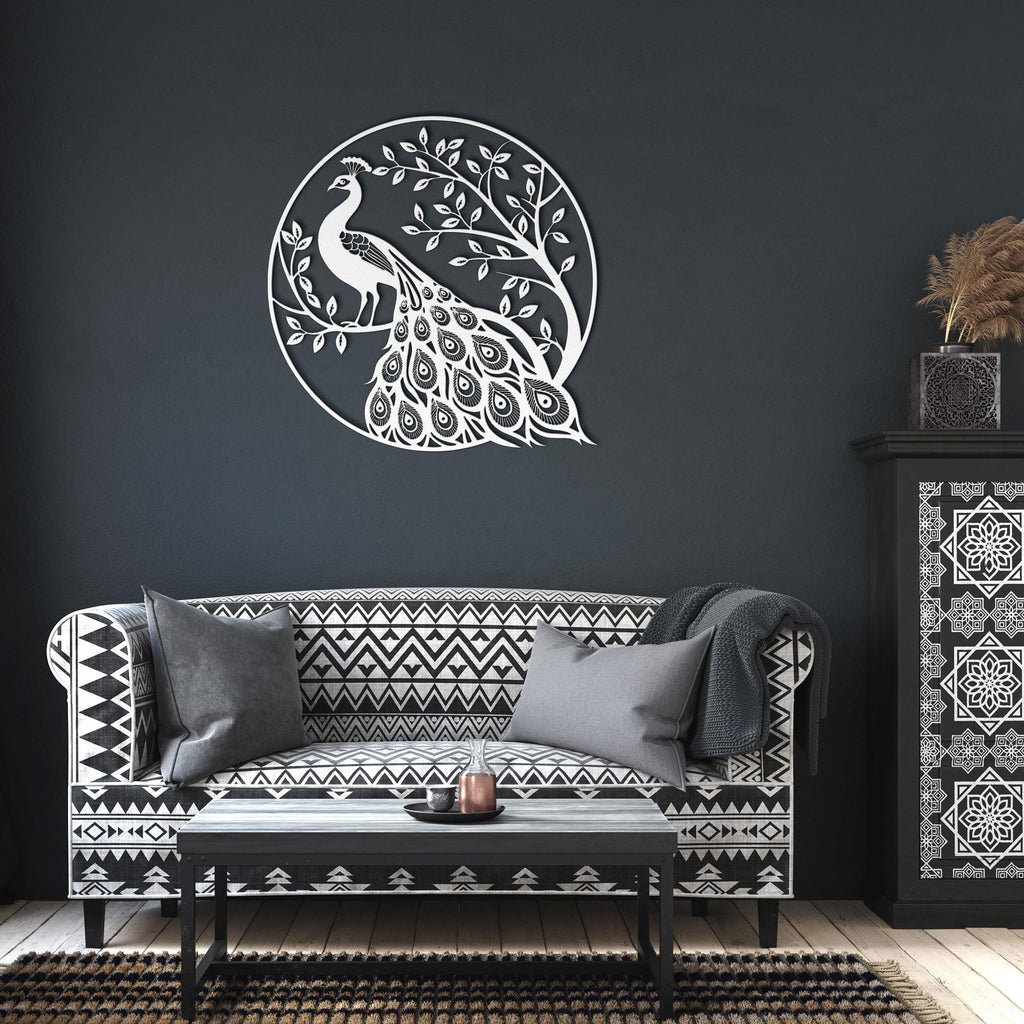 Peacock Metal Wall Art, Die Cut Bird on Tree Silhouette