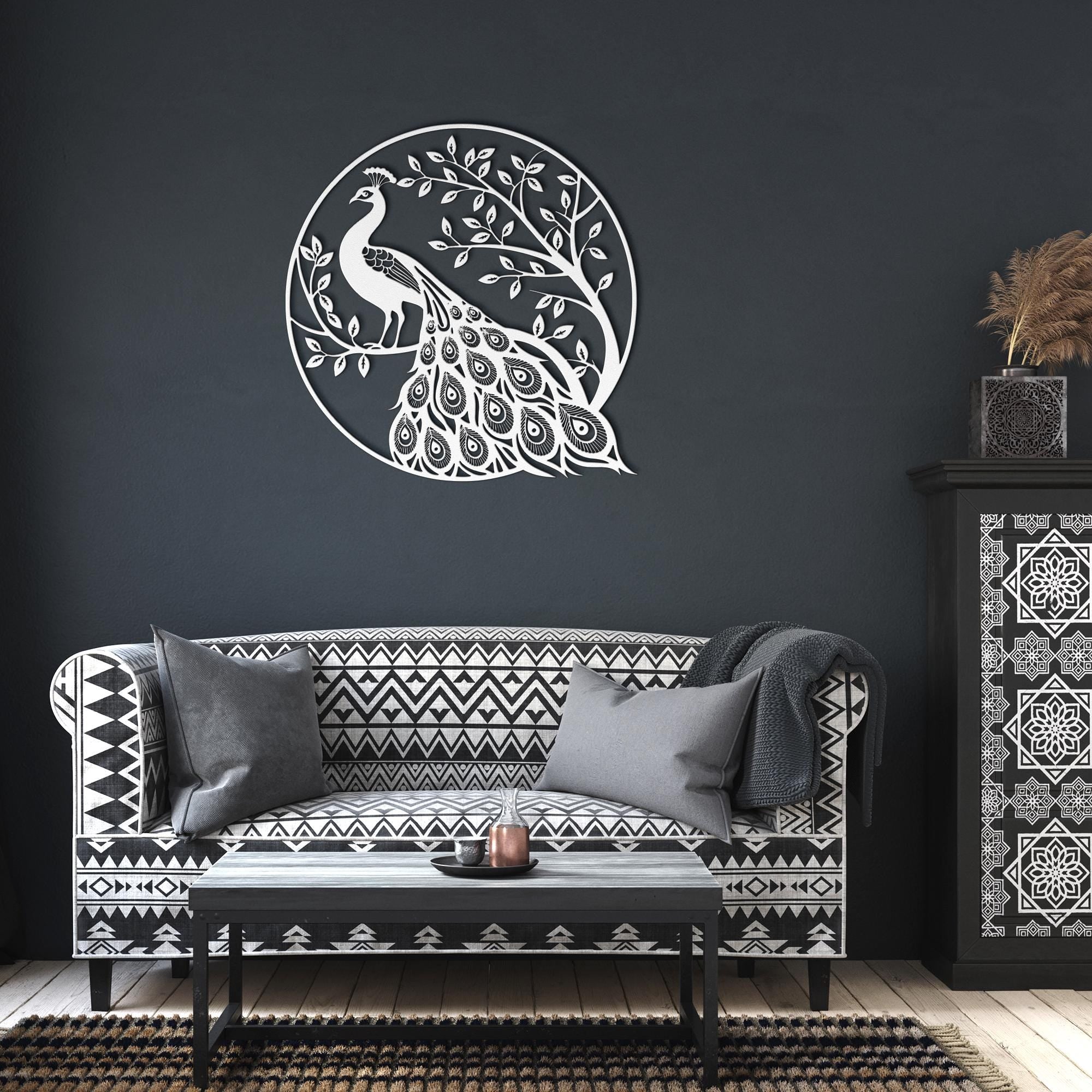 Peacock Metal Wall Art, Die Cut Bird on Tree Silhouette