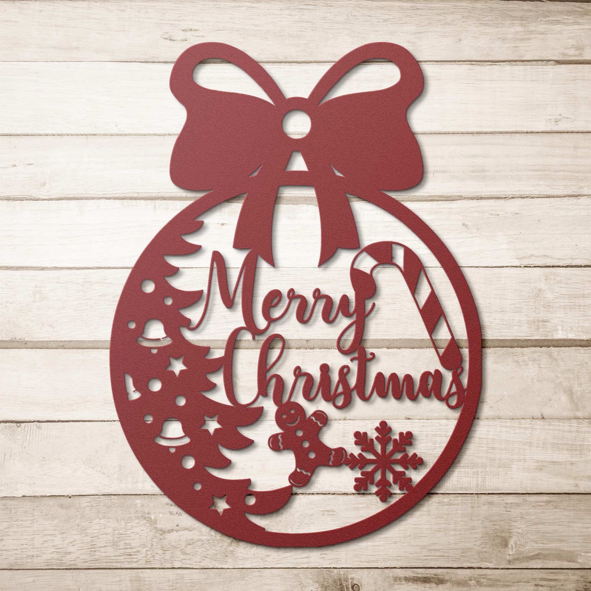 Merry Christmas Ornament Metal Sign, Gingerbread Man, Candy Cane Wall Art