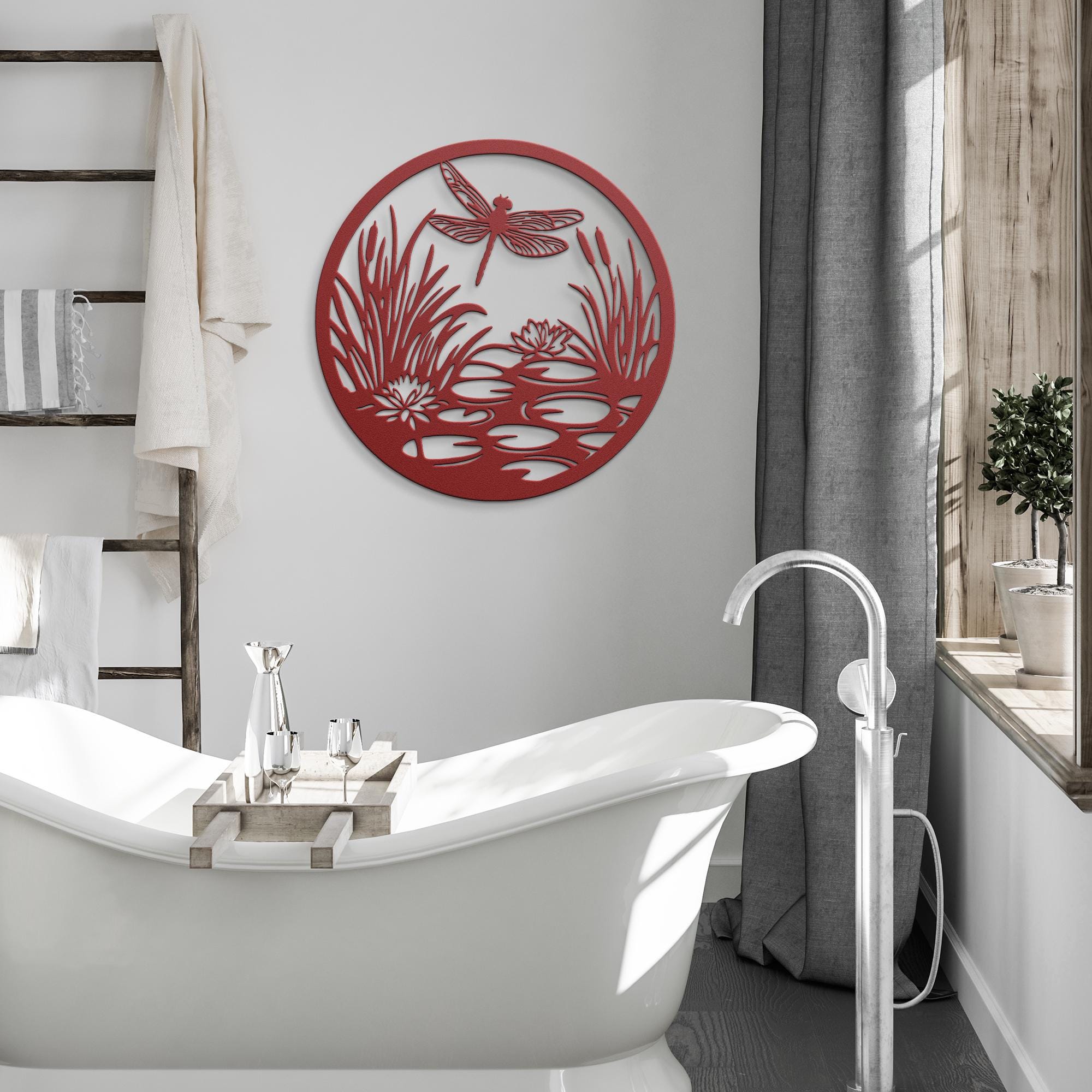 Dragonfly Metal Wall Art, Pond Scene Sign, Lily Pad and Cattail Decor, Nature Inspired Die Cut, Insect Garden Gift