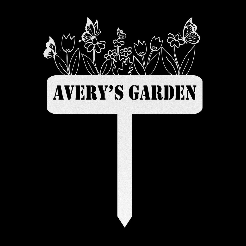 Custom Metal Garden Sign: Butterflies & Flowers, Personalized Name Plate