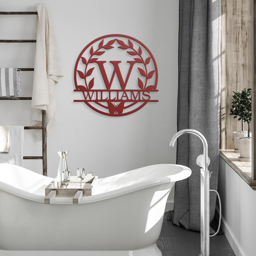 Custom Metal Last Name Sign, Butterfly Leaf Wreath, Anniversary Gift