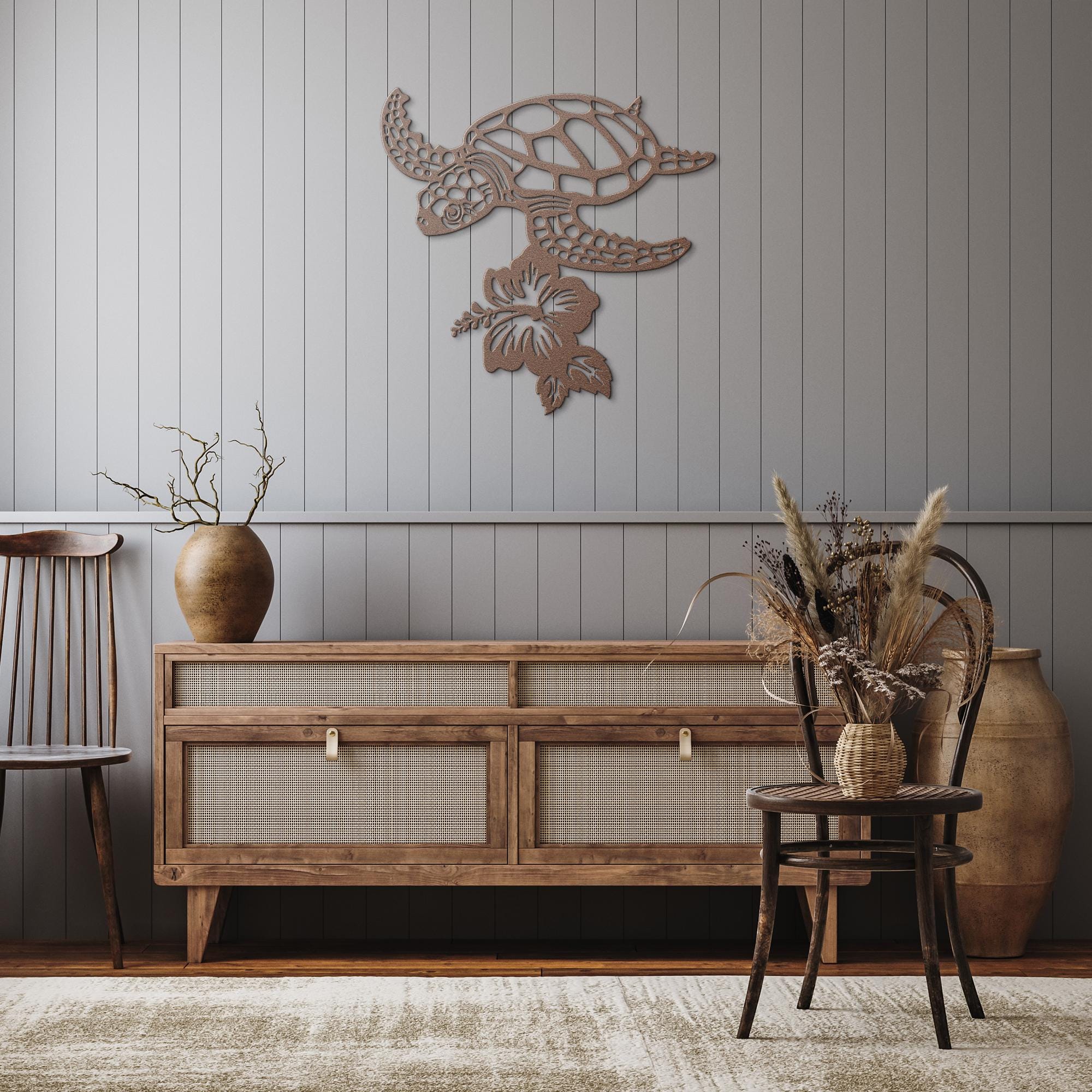 Sea Turtle Metal Wall Art: Hibiscus Flower Coastal Decor
