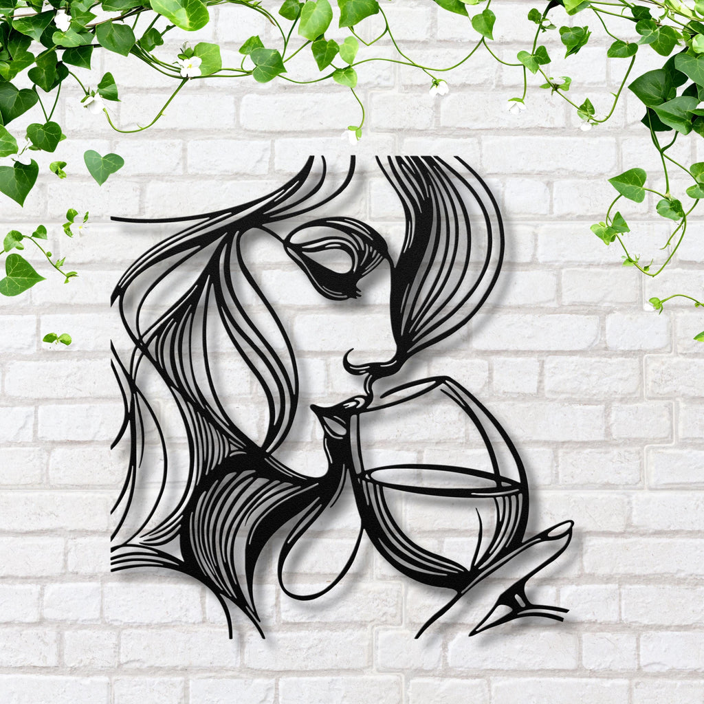 Woman with Wine Glass Metal Wall Art, Abstract Silhouette Decor