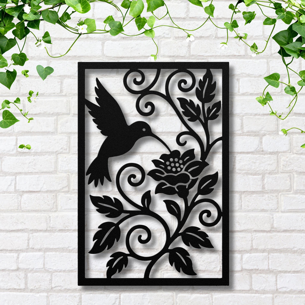 Hummingbird and Flowers Metal Wall Art, Floral Garden Die Cut Sign, Elegant Nature Home Decor Gift
