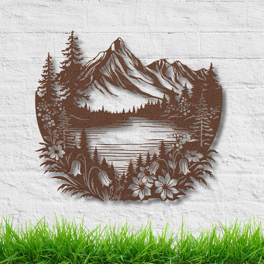 Mountain Metal Wall Art, Lake Cabin Decor, Rustic Pine Tree Silhouette
