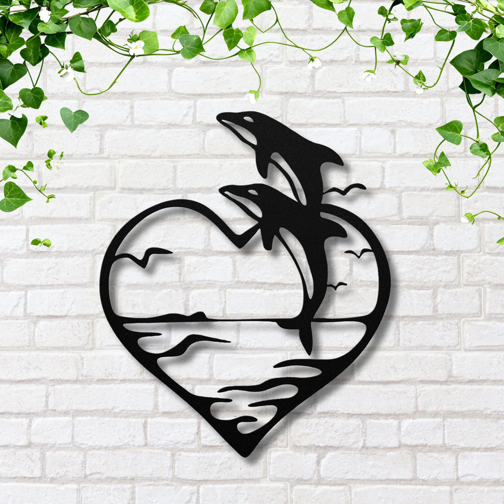 Dolphins in Heart Metal Wall Art: Romantic Ocean Decor
