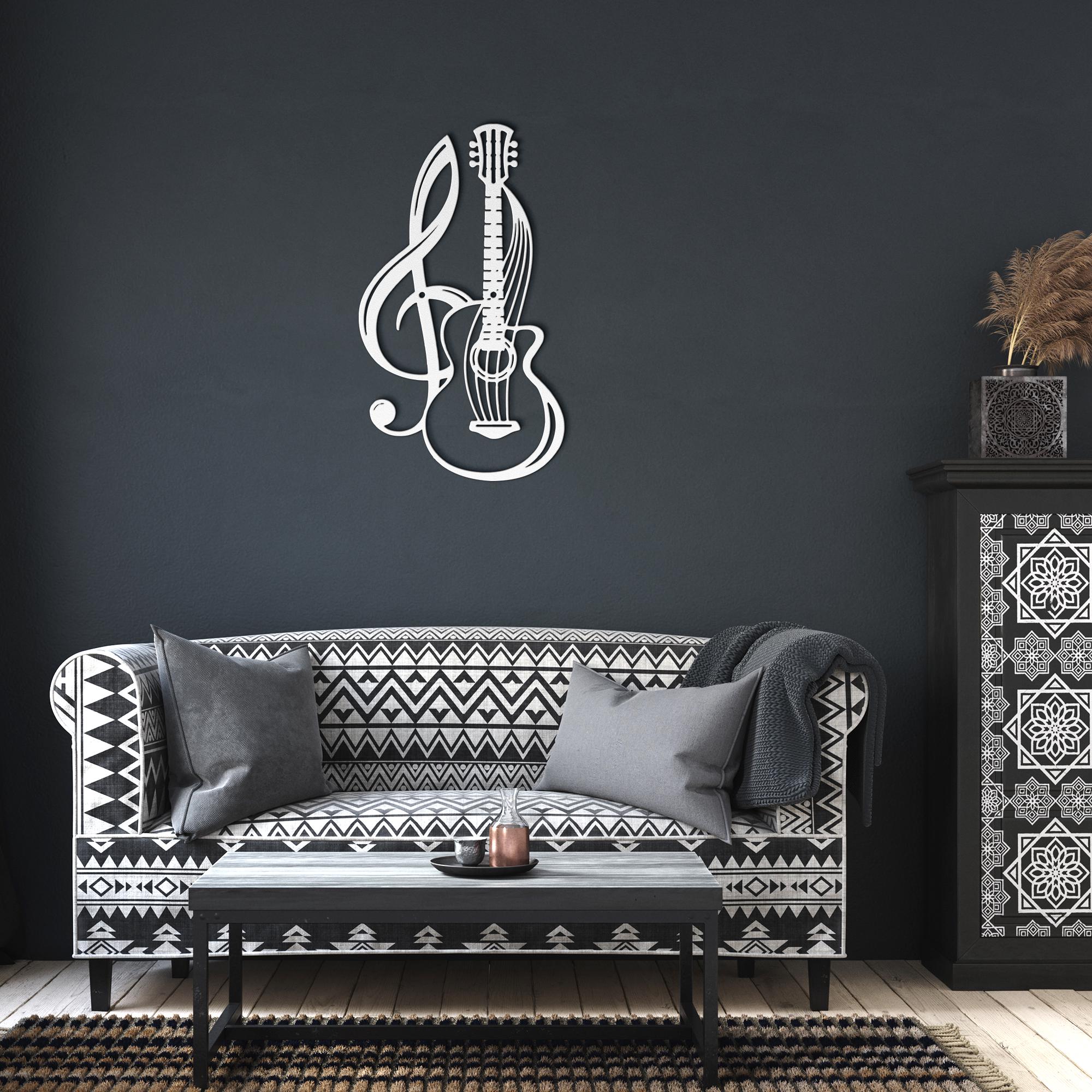 Guitar and Treble Clef Metal Art, Music Instrument Die-Cut Sign, Musician Gift, Black Wall Decor, Artistic Sound Home Accent