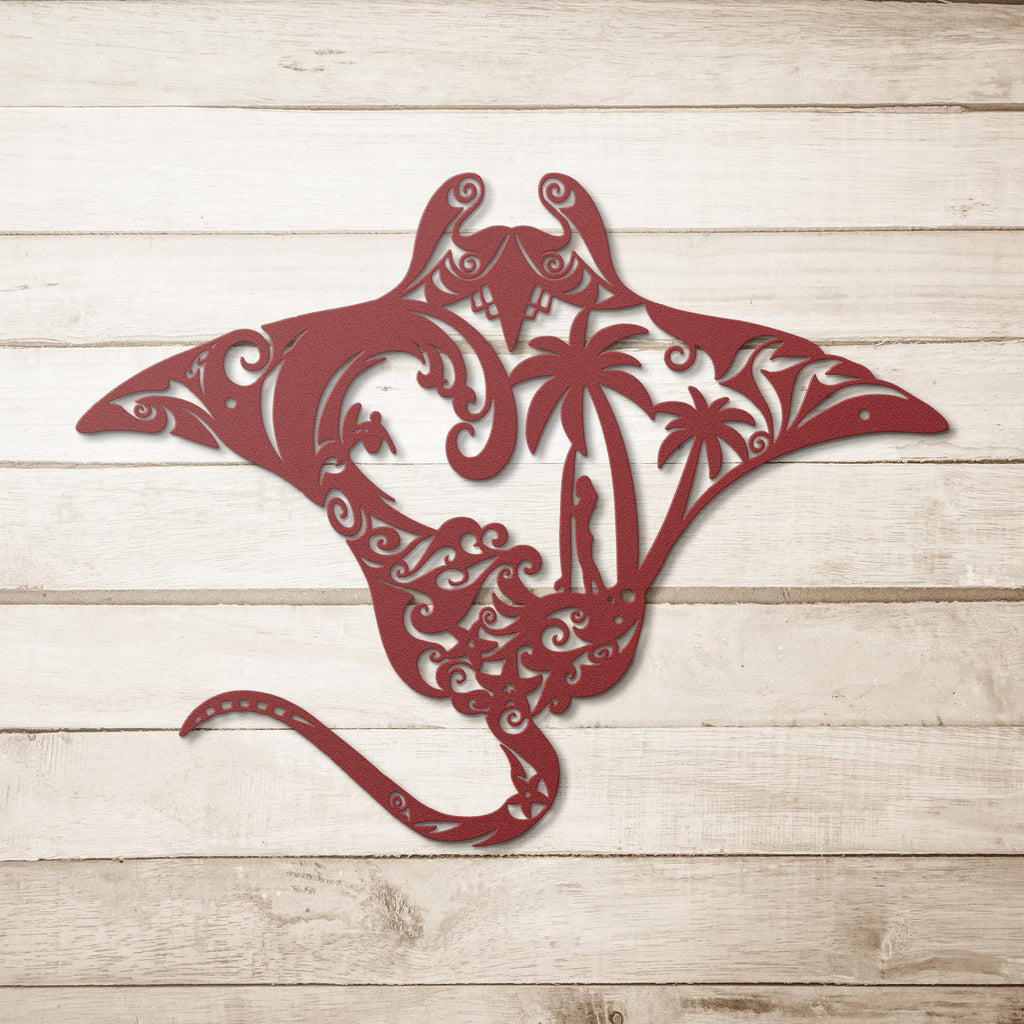 Manta Ray Tribal Metal Wall Art, Surf Beach Scene Sign, Coastal Island Home Decor