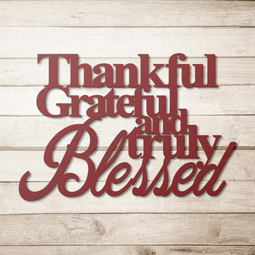 Thankful Grateful Blessed Metal Wall Art Sign, Inspirational Quote Decor, Modern Farmhouse Typography, Living Room Entryway Gift
