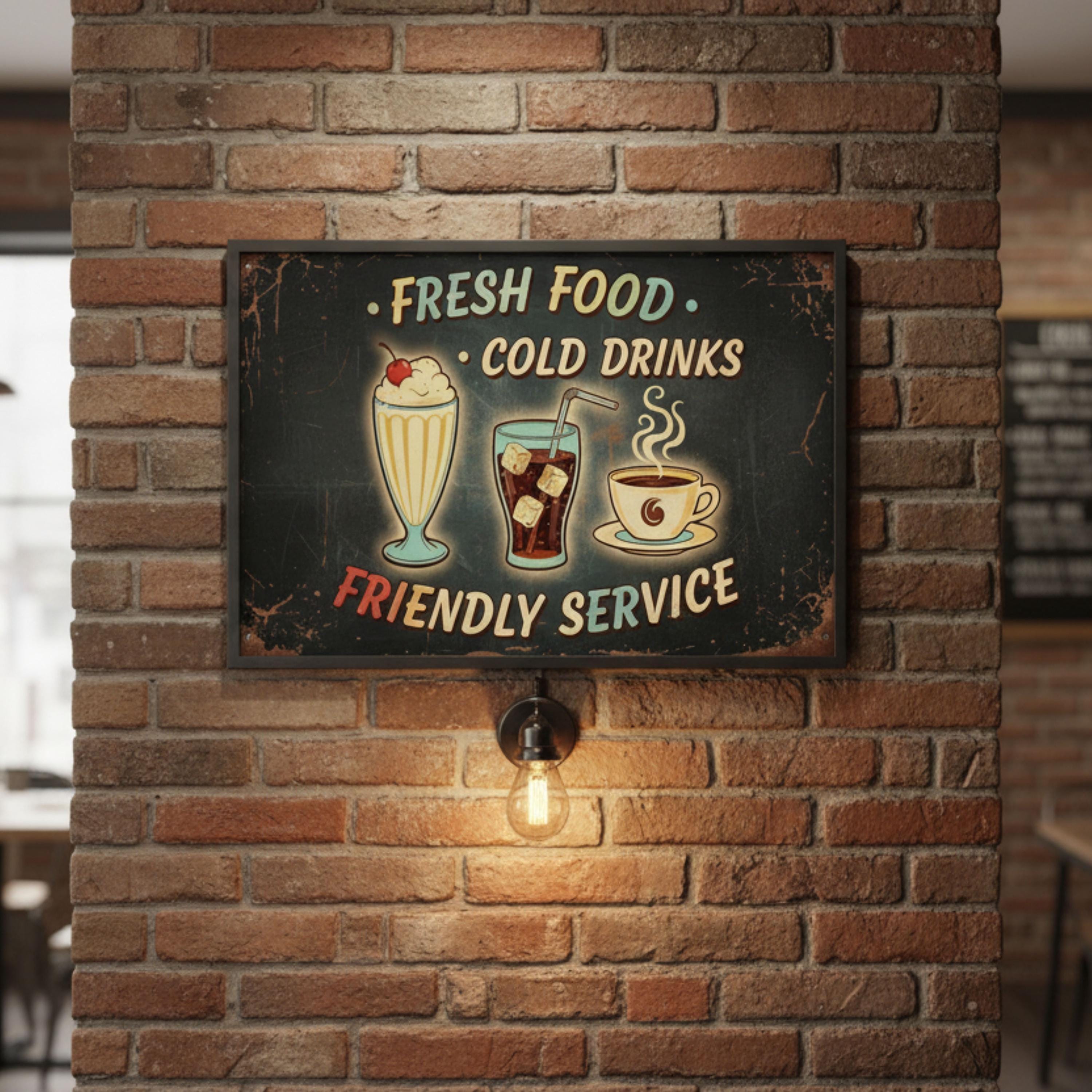 Retro Diner Metal Sign | Fresh Food, Cold Drinks Wall Art
