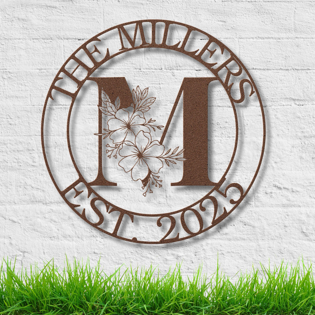 Custom Floral Monogram Metal Sign, Circular Family Name Art, Est. Date Wedding Gift, New Home Die-Cut Metal Decor
