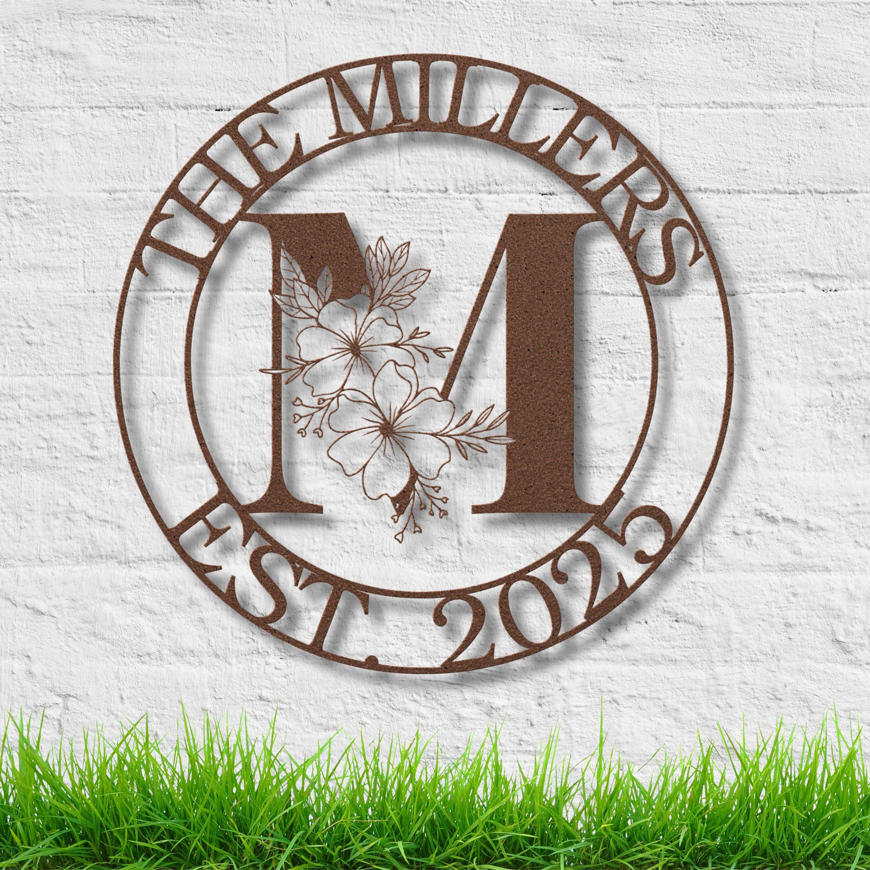 Custom Floral Monogram Metal Sign, Circular Family Name Art, Est. Date Wedding Gift, New Home Die-Cut Metal Decor