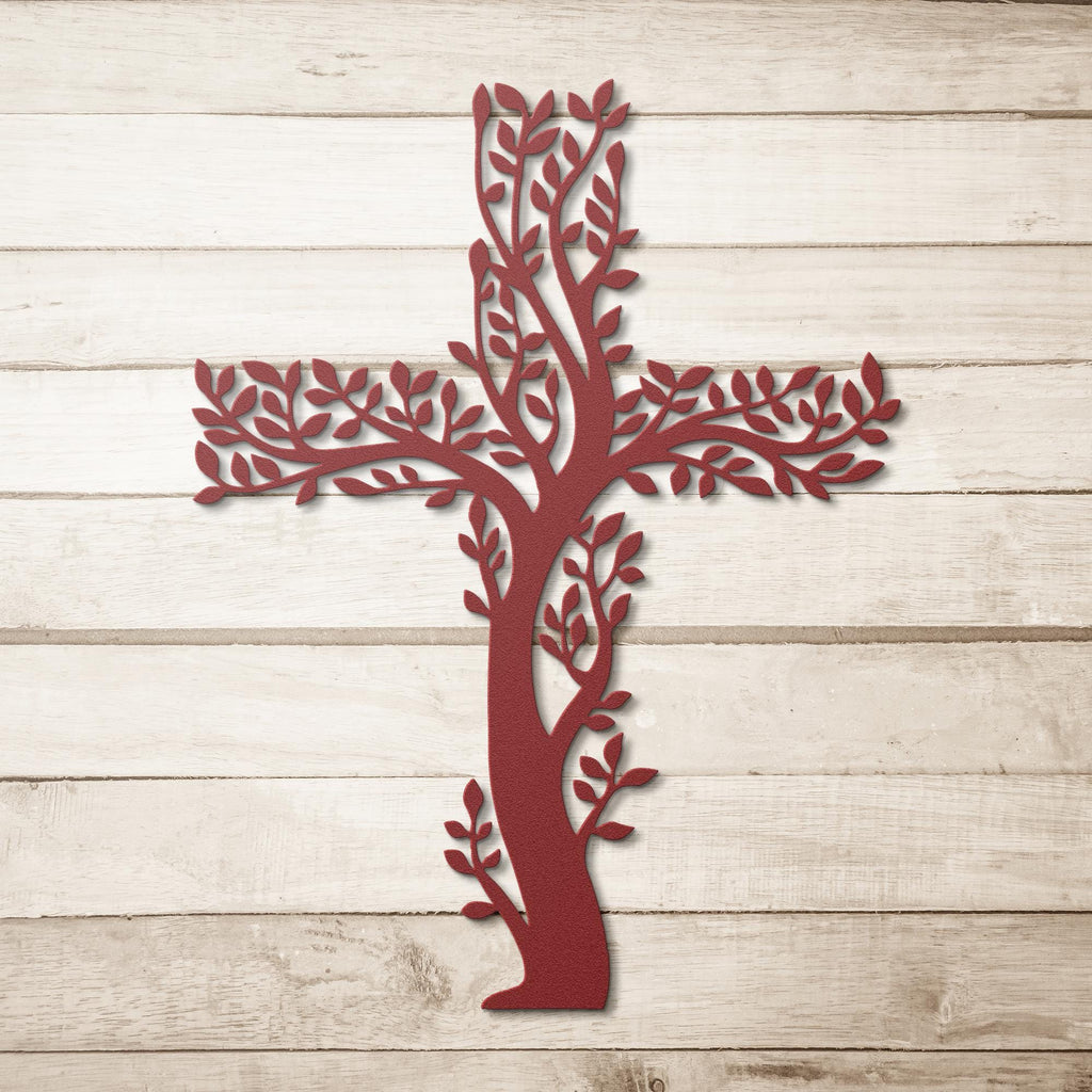 Tree of Life Cross Metal Wall Art, Christian Leaf Sign, Religious Nature Decor, Faith Gift