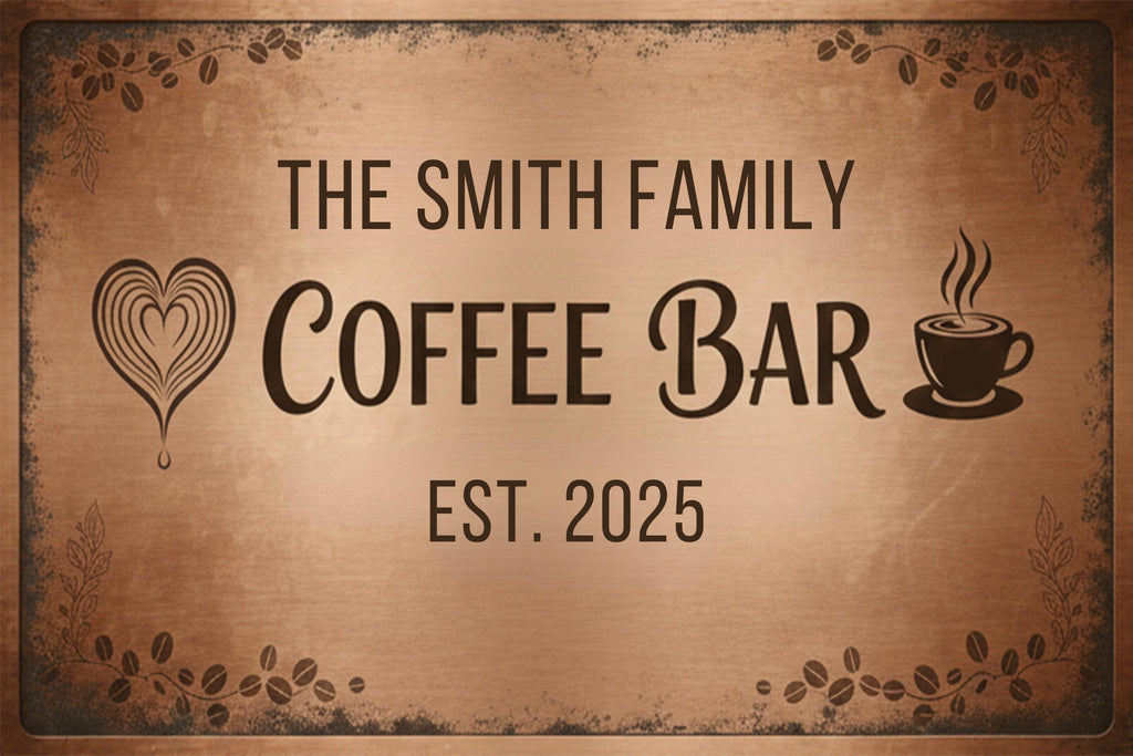 Custom Family Coffee Bar Metal Sign | Personalized Kitchen Cafe Decor | Rustic Est. 2025 Plaque | Hot Beverage Nook Gift