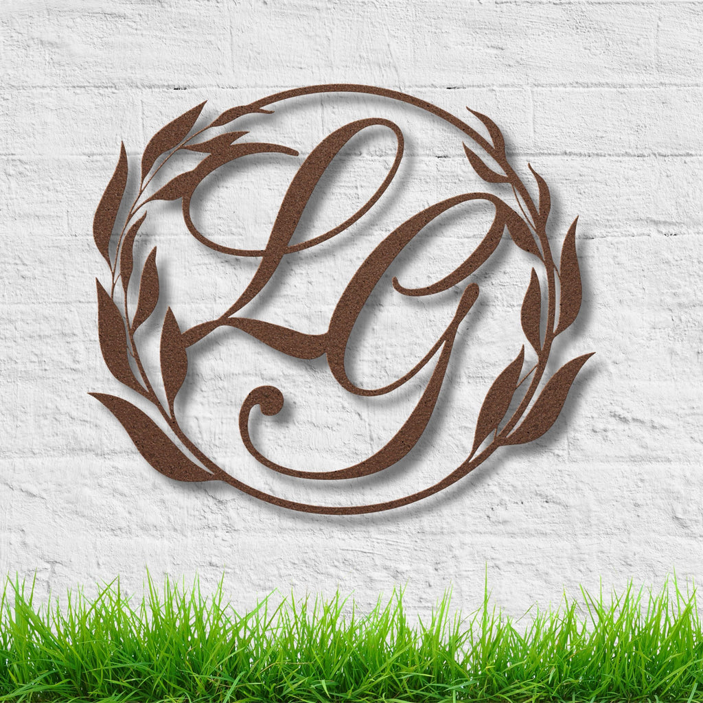 Custom Monogram Metal Sign, Leaf Wreath Wall Decor, Personalized Initial Art, Home Gallery