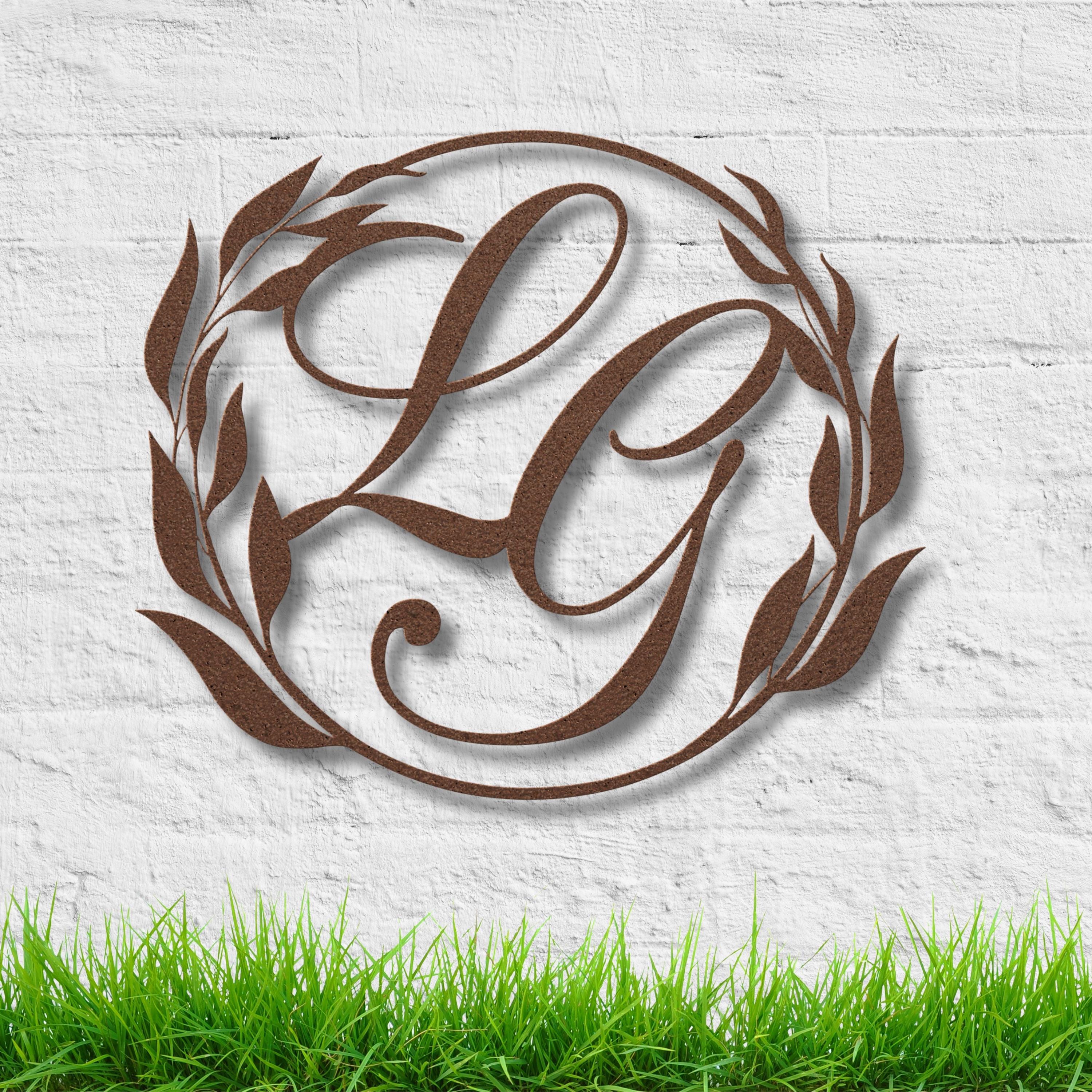 Custom Monogram Metal Sign, Leaf Wreath Wall Decor, Personalized Initial Art, Home Gallery