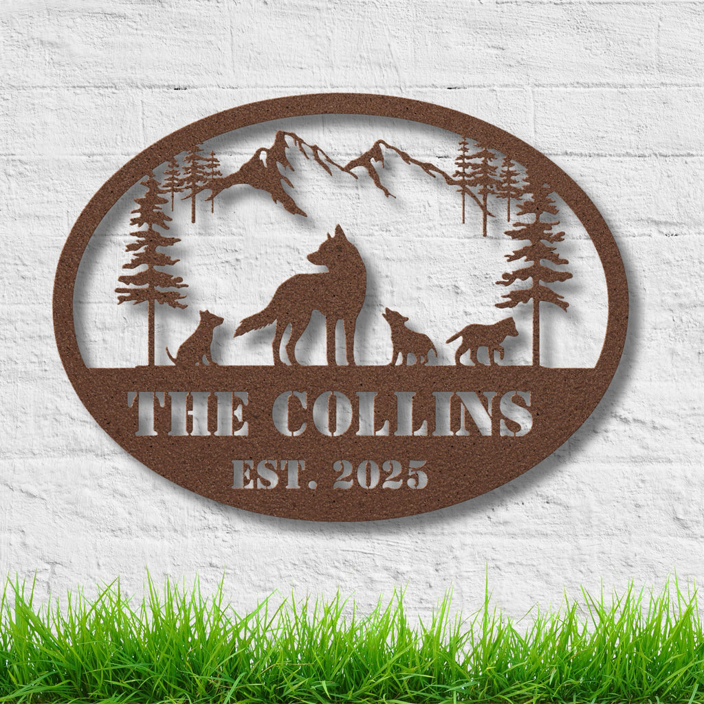 Personalized Wolf Sign | Custom Metal Sign With Wolf Pack Silhouette & Mountain Wall Art