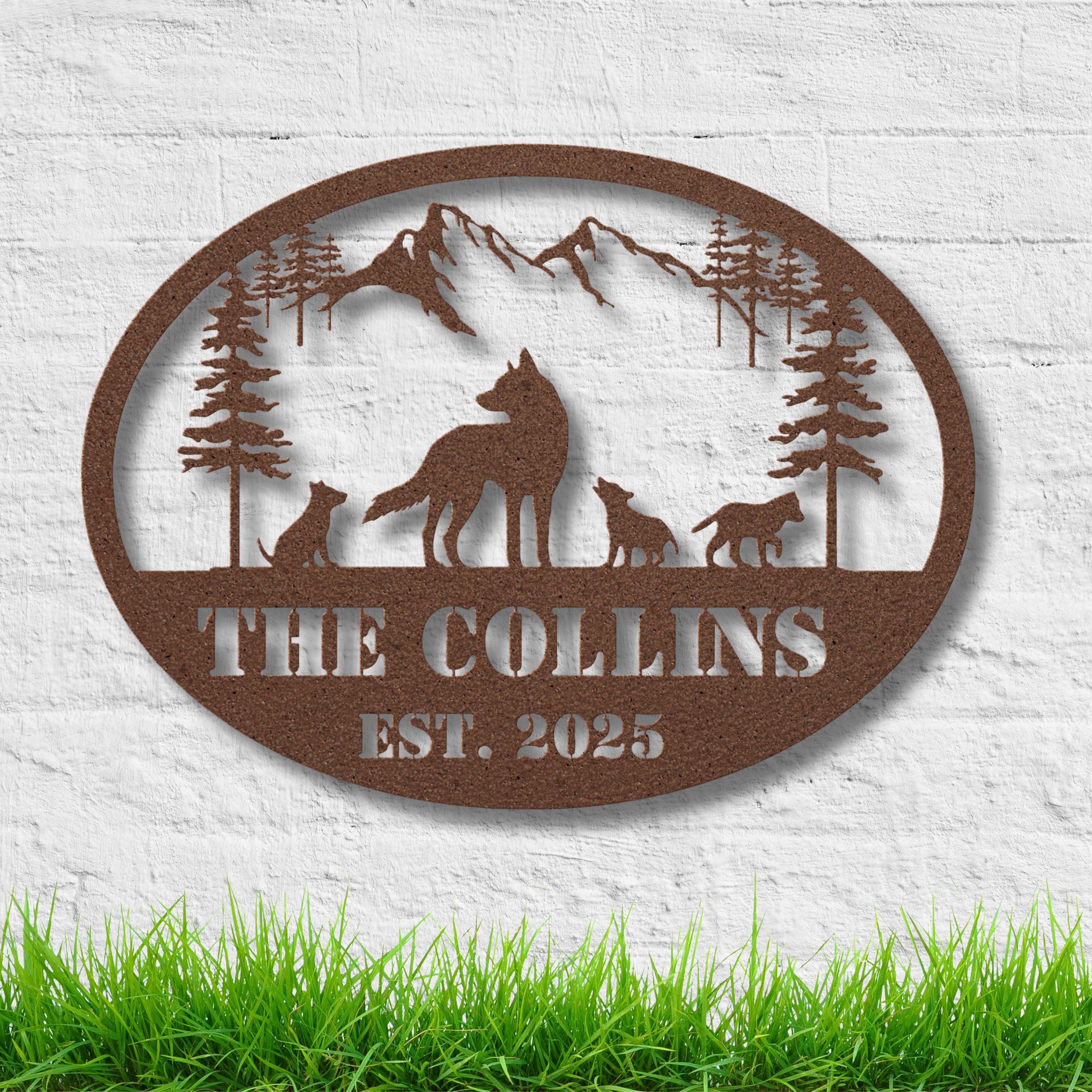 Personalized Wolf Sign | Custom Metal Sign With Wolf Pack Silhouette & Mountain Wall Art