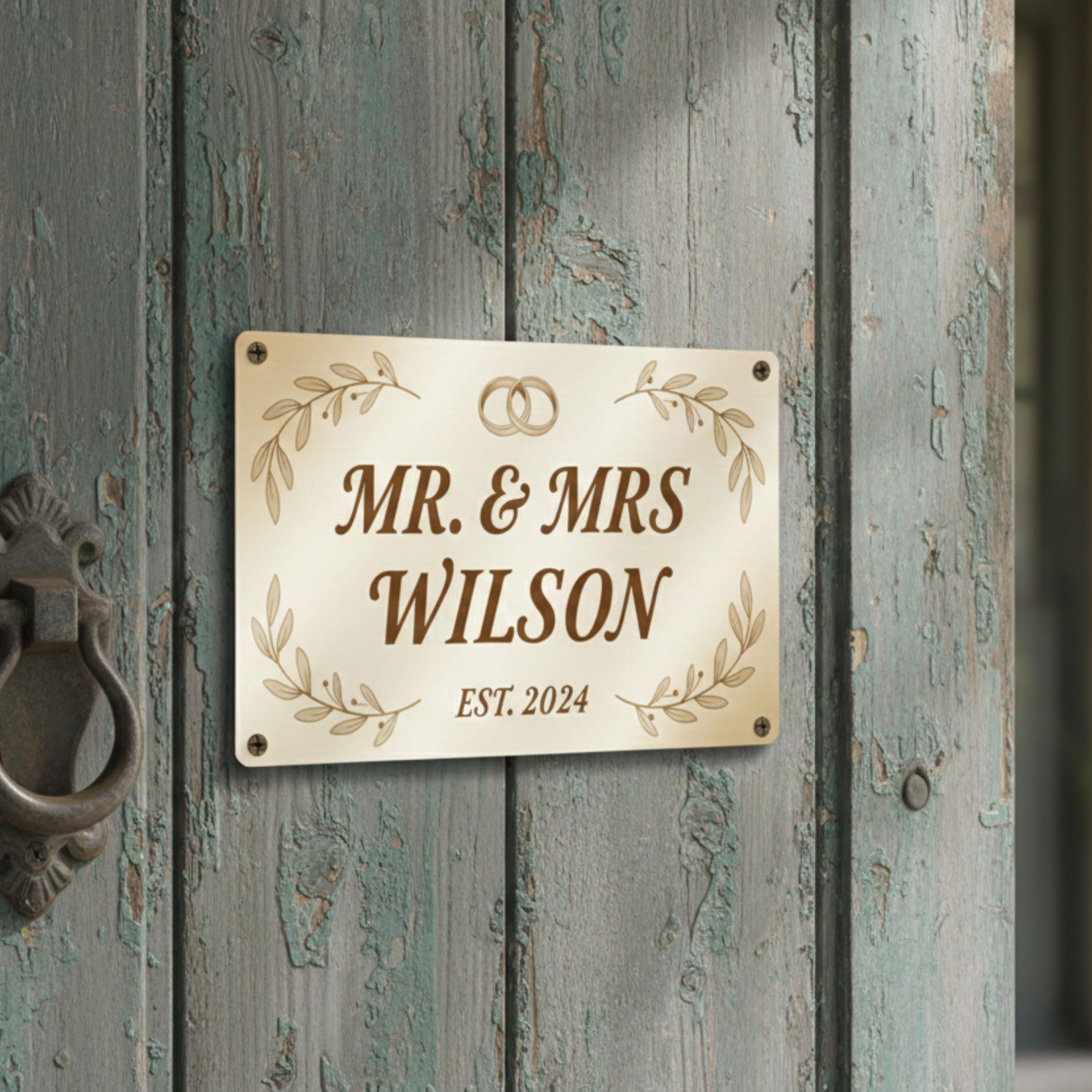 Personalized Metal Sign - Custom Wedding Sign With Couple Name Plaque & Gold Leaf Accents