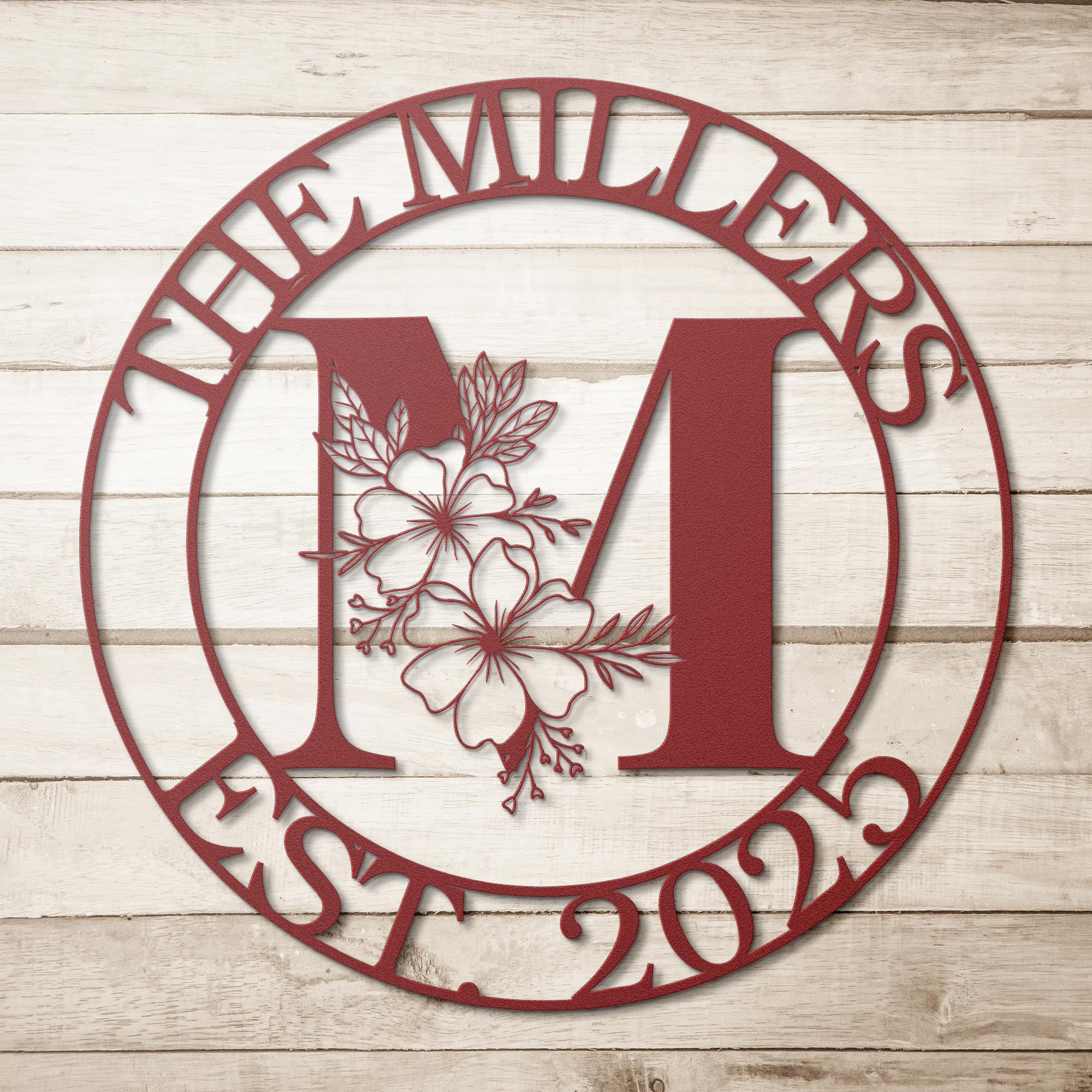 Custom Floral Monogram Metal Sign, Circular Family Name Art, Est. Date Wedding Gift, New Home Die-Cut Metal Decor