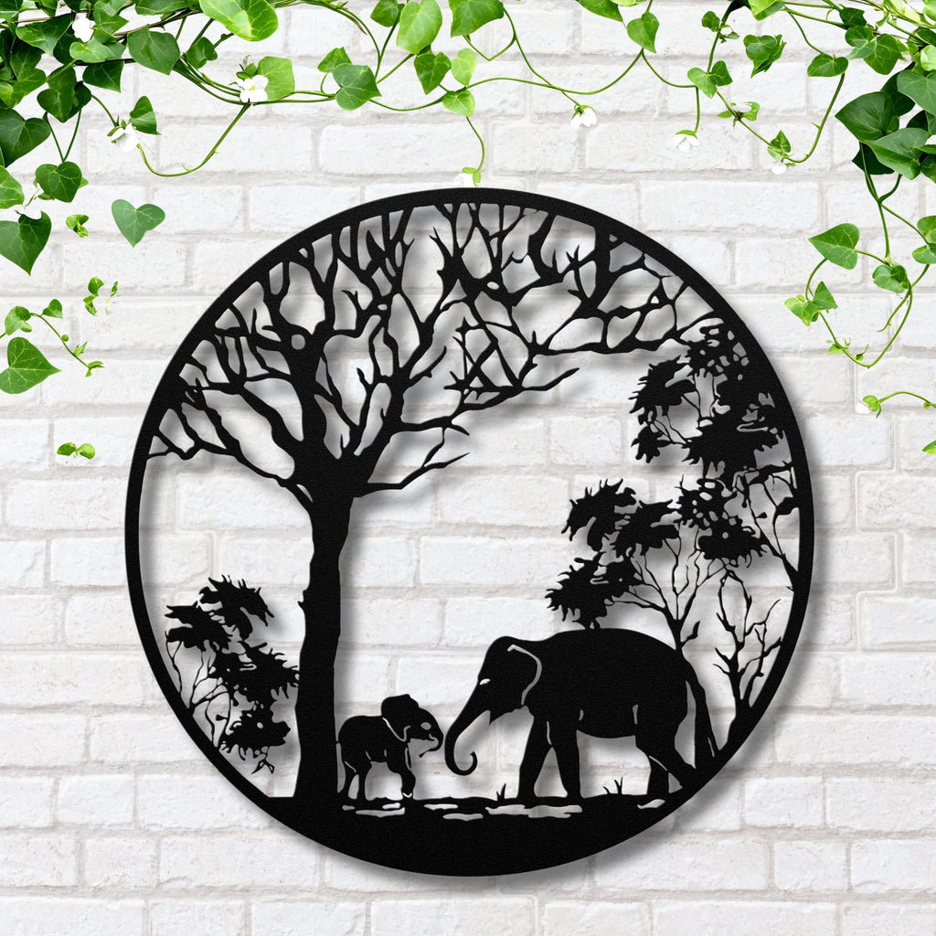 Elephant Mother and Calf Metal Art | African Safari Die Cut Sign | Nature Silhouette Nursery Decor | Family Wildlife Gift