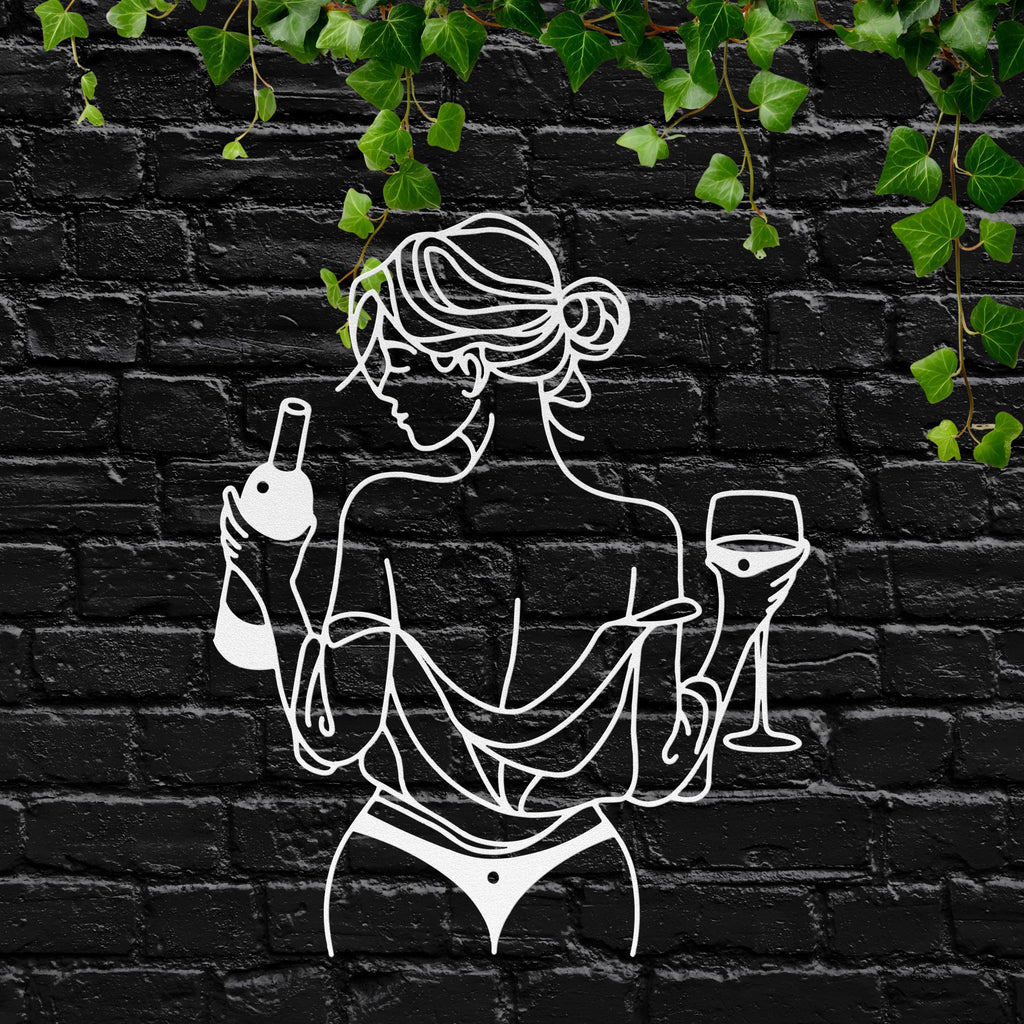 Woman Wine Metal Art – Minimalist Die Cut Metal Sign | Elegant Silhouette Decor