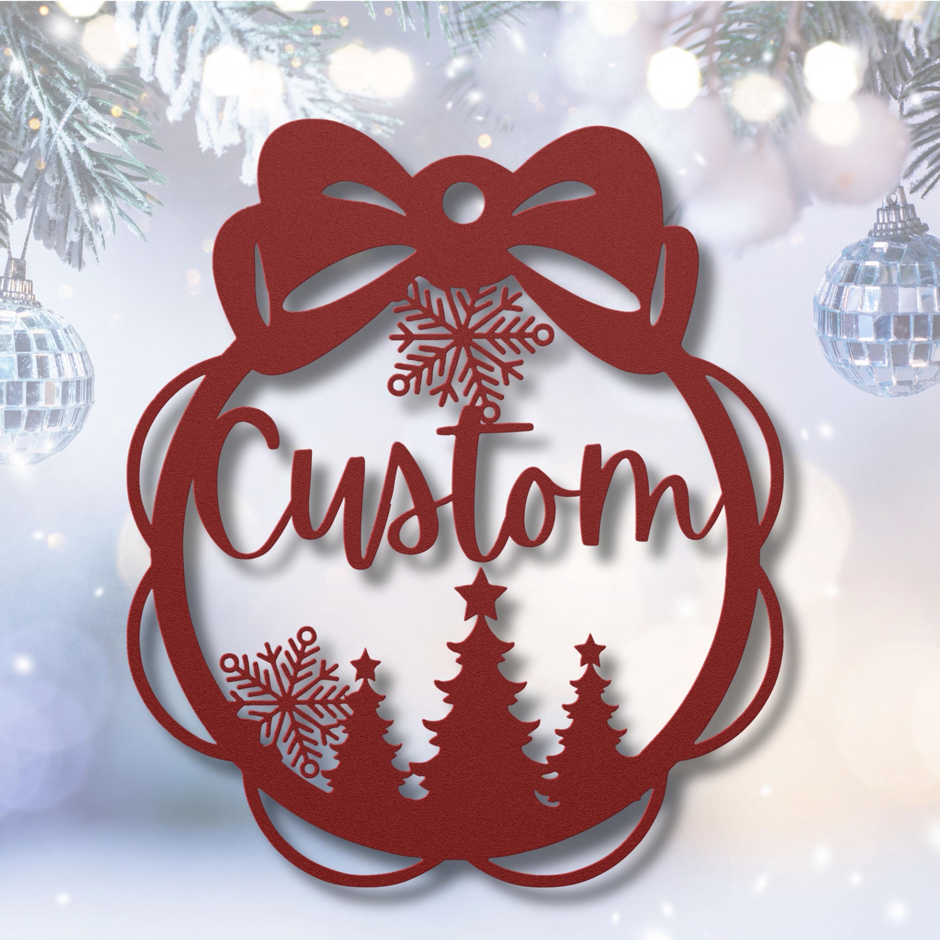 Personalized Christmas Ornament Metal Sign, Custom Holiday Die-Cut Decor, Snowflake Bow Family Name Gift, Xmas Tree Wall Art
