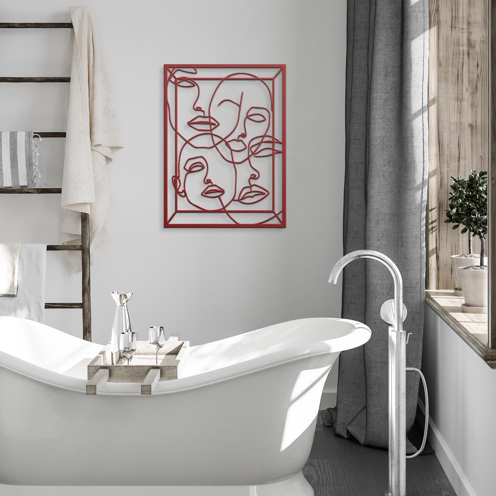 Abstract Line Art Faces Metal Wall Decor, Minimalist Human Portrait Sign, Modern Home