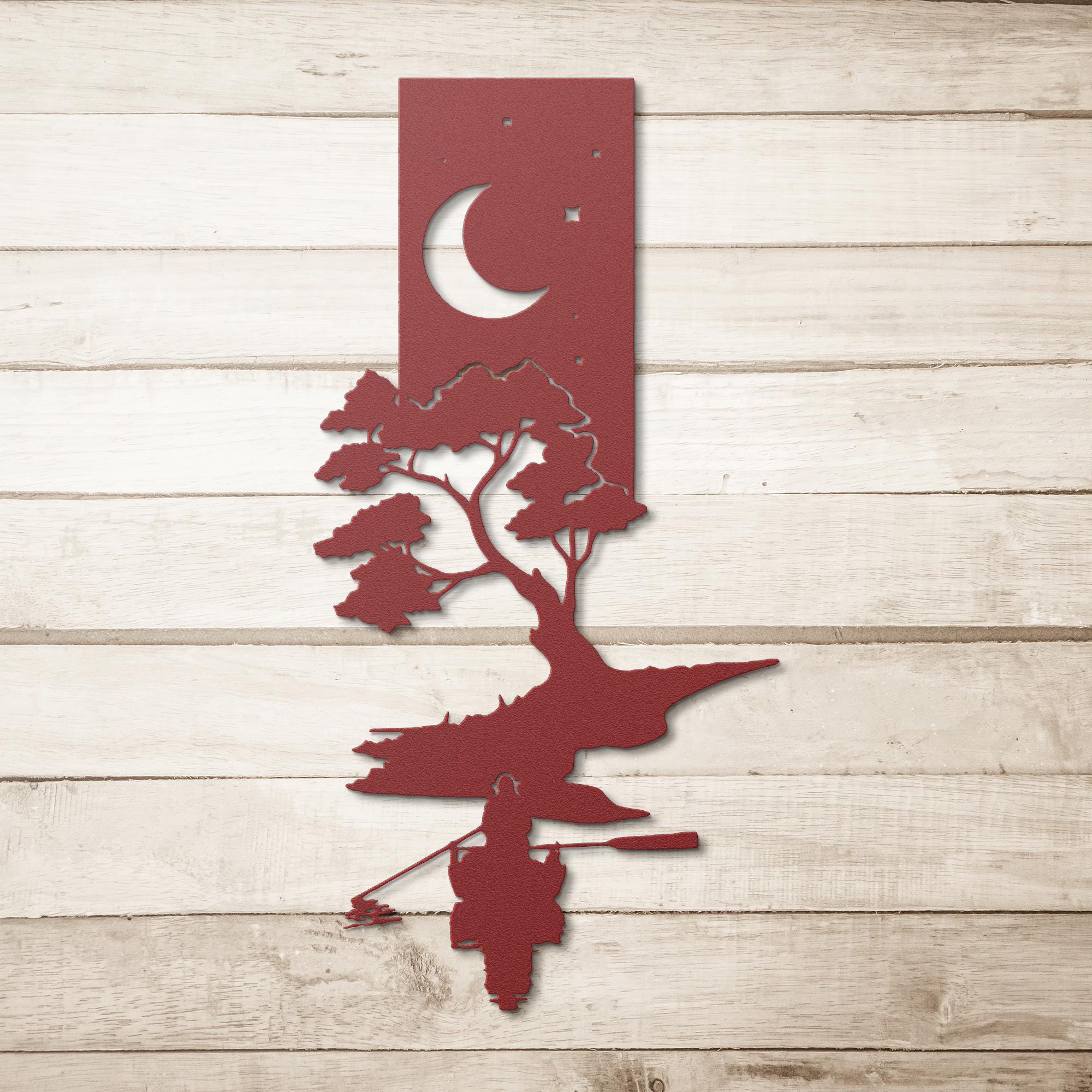 Fisherman Metal Wall Art, Lake Boat Night Decor, Moonlit Fishing Sign, Cabin Gift for Men