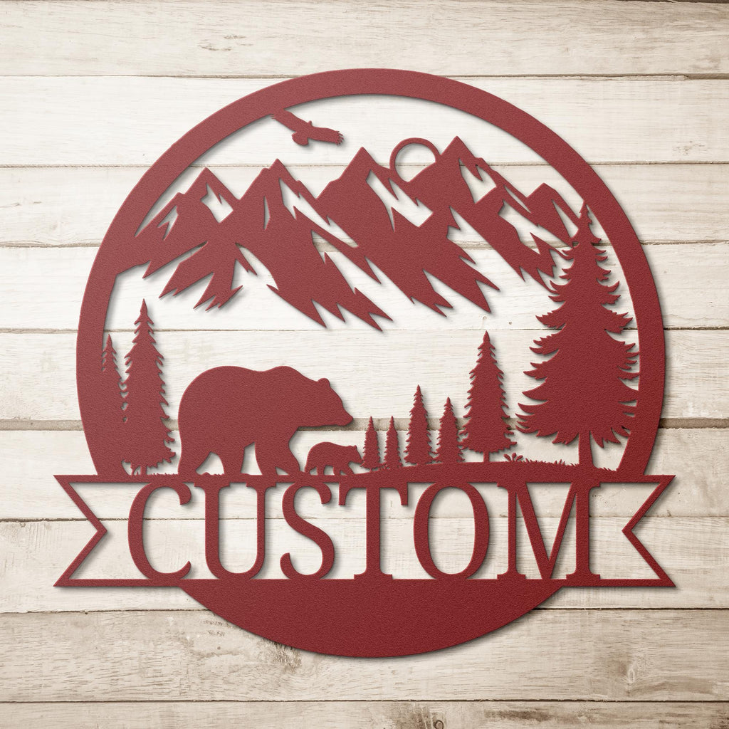 Custom Mountain Bear Sign - Personalized Family Name Metal Cabin Decor