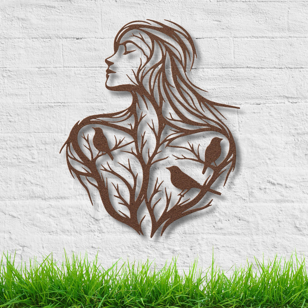 Tree of Life Woman Metal Wall Art | Boho Silhouette with Birds