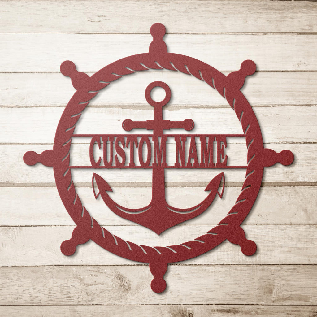 Personalized Captain's Wheel and Anchor Metal Sign, Custom Text, Nautical Gift, Sailor Gift