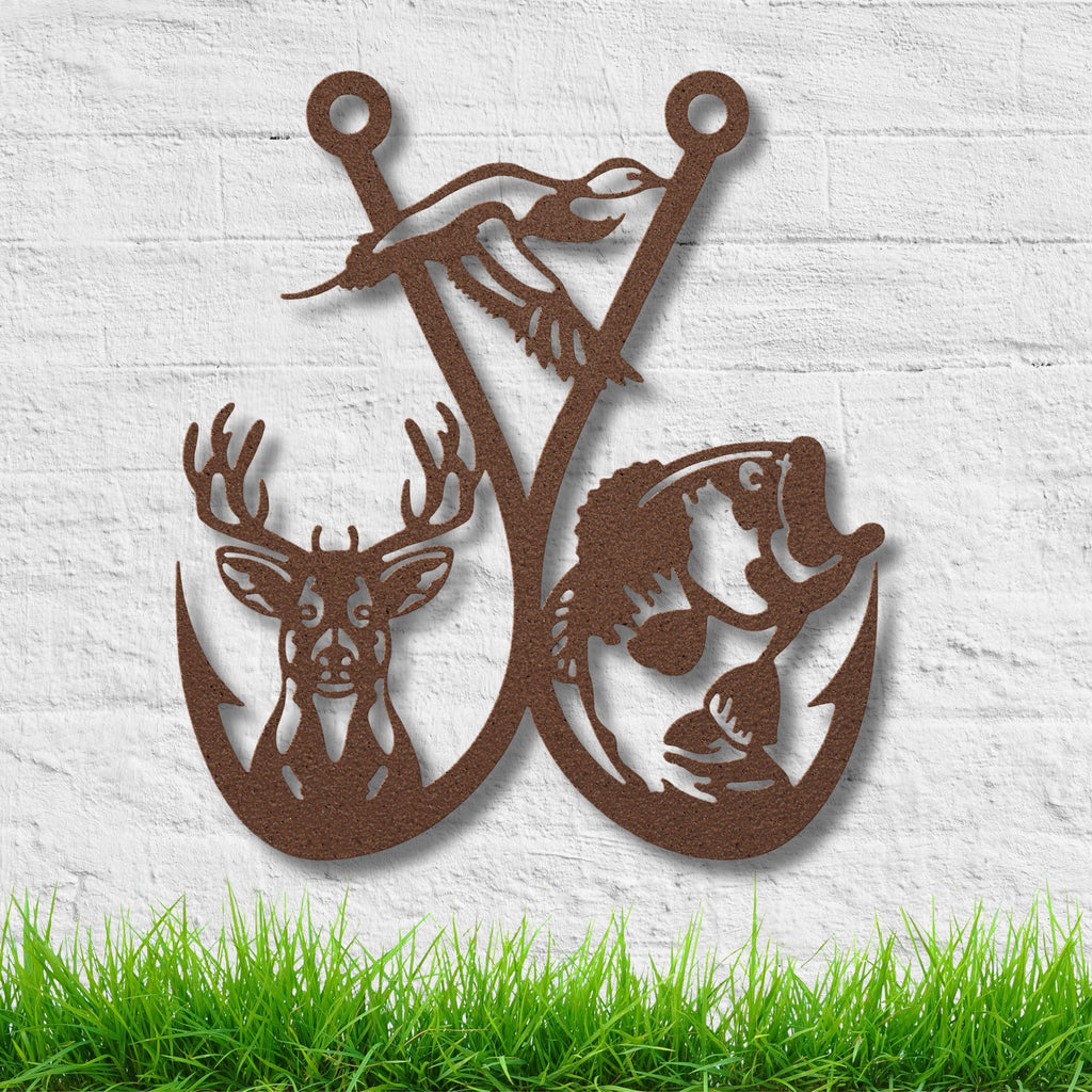 Hunting and Fishing Metal Sign, Deer Duck Bass Hook Wall Art, Outdoorsman Gift Decor