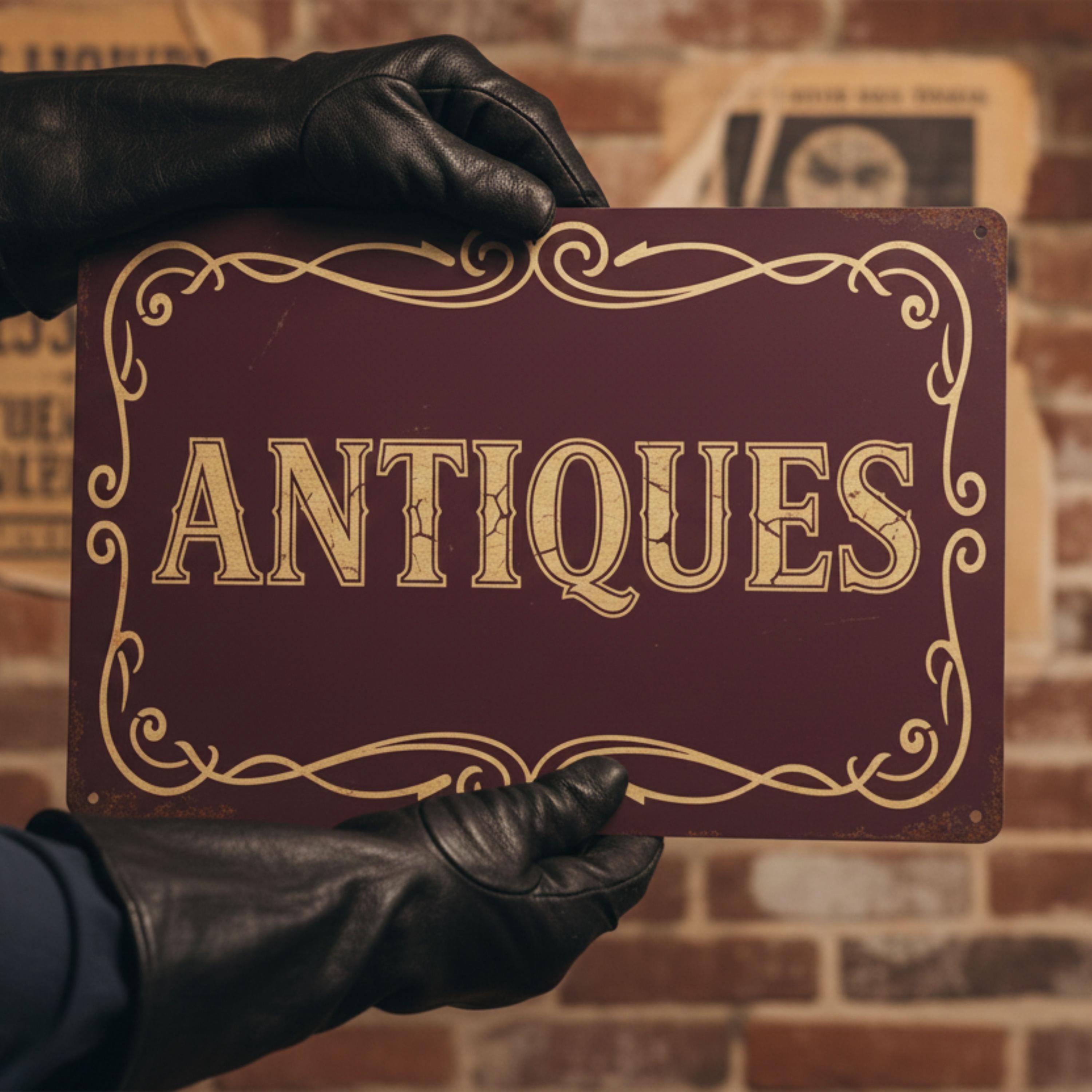 Vintage Antiques Metal Sign, Rustic Shop Wall Decor, Maroon Antique Store Art, Distressed Look