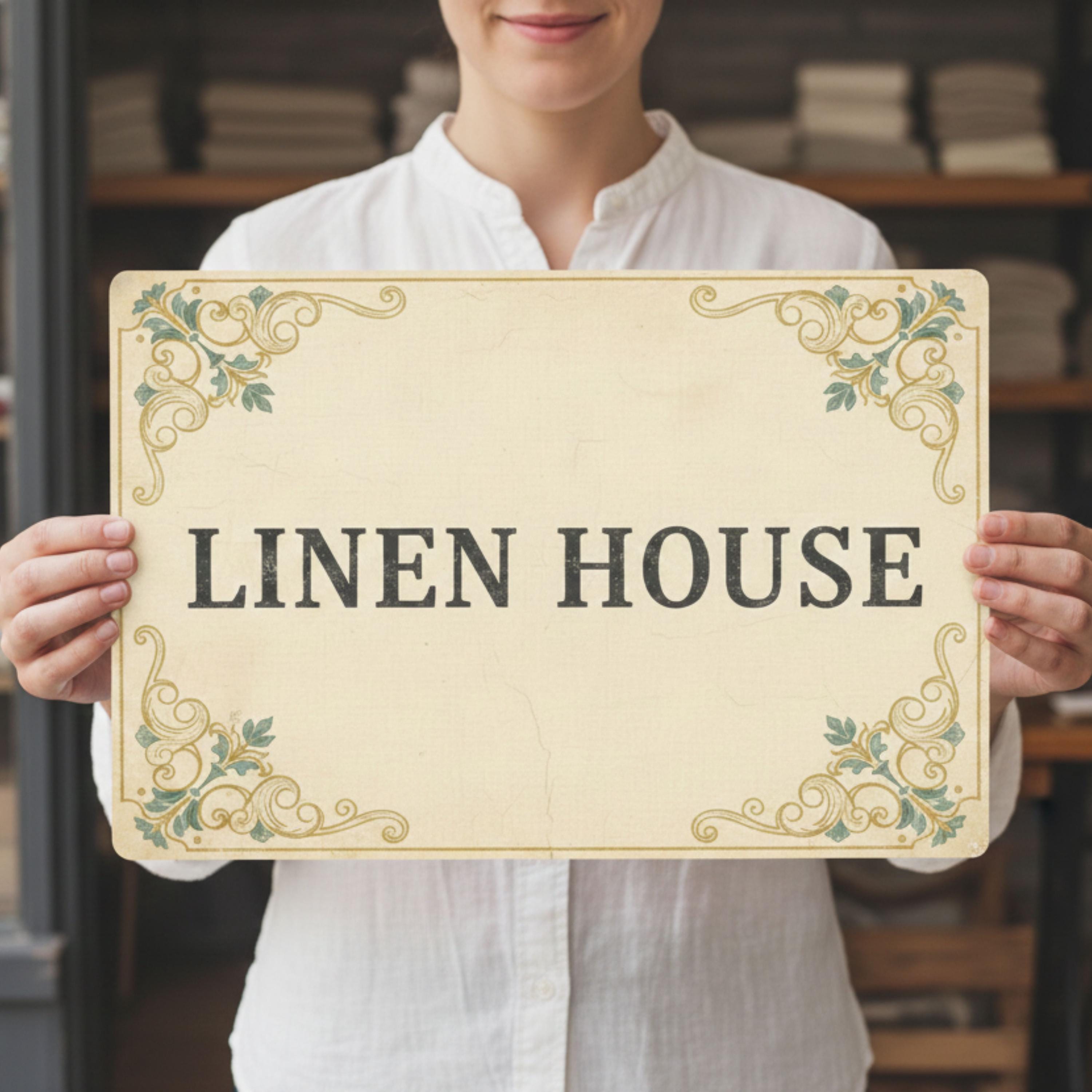 Elegant Linen House Sign, Vintage Farmhouse Metal Plaque, Textile Shop Home Decor Gift
