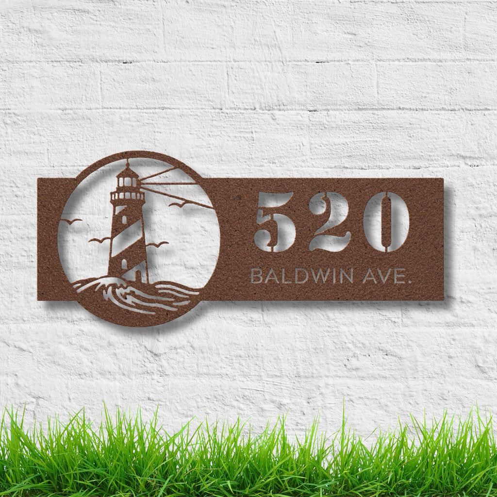 Personalized Lighthouse Address Metal Sign | Custom Number and Street Coastal Home Decor | Die-Cut Beach Gift