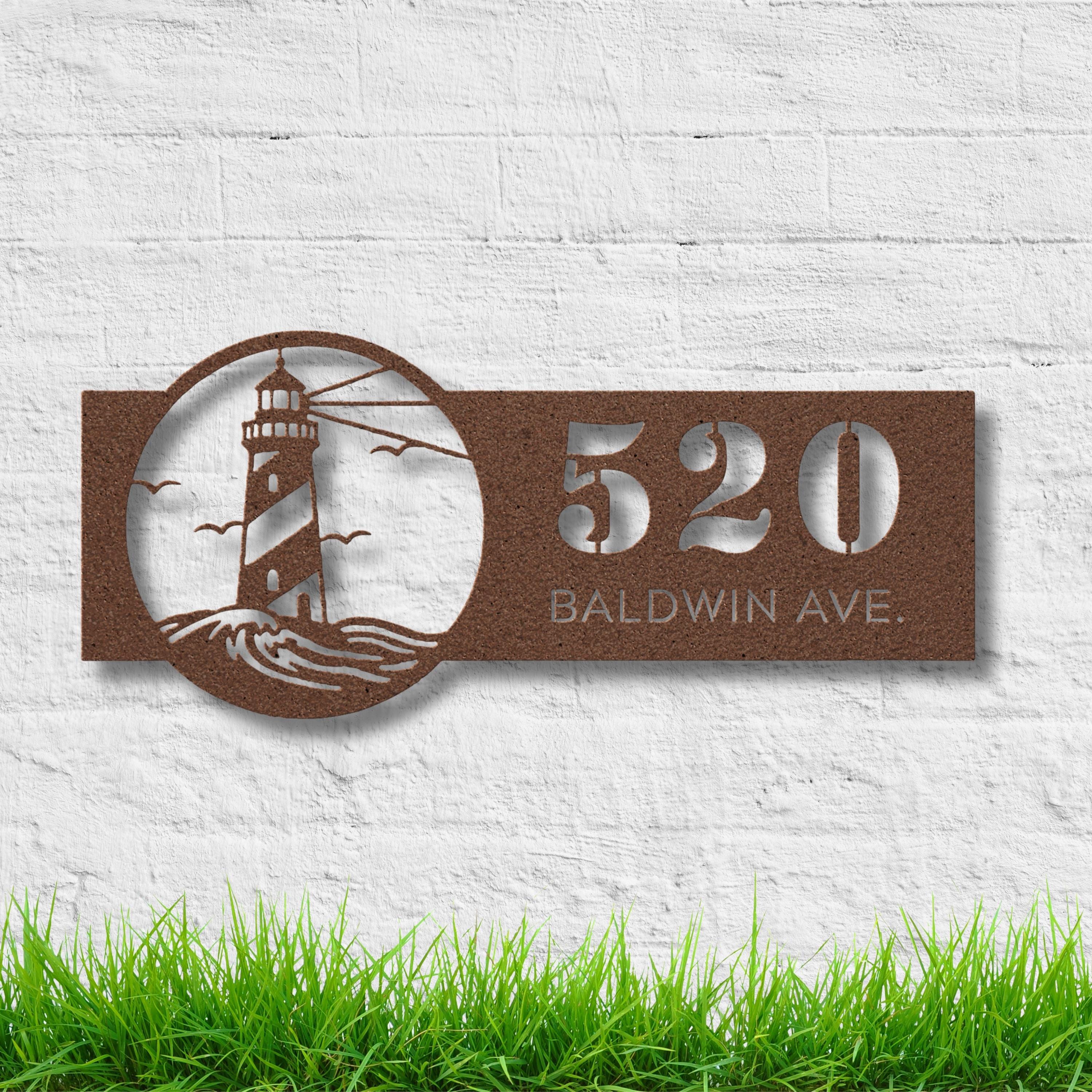 Personalized Lighthouse Address Metal Sign | Custom Number and Street Coastal Home Decor | Die-Cut Beach Gift