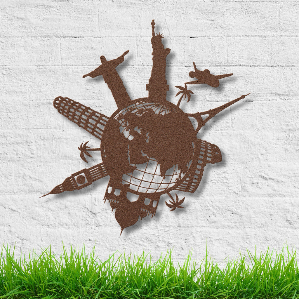 World Landmarks Metal Wall Art, Travel Globe Sign, Wanderlust Decor, Pilot Gift, Map Art