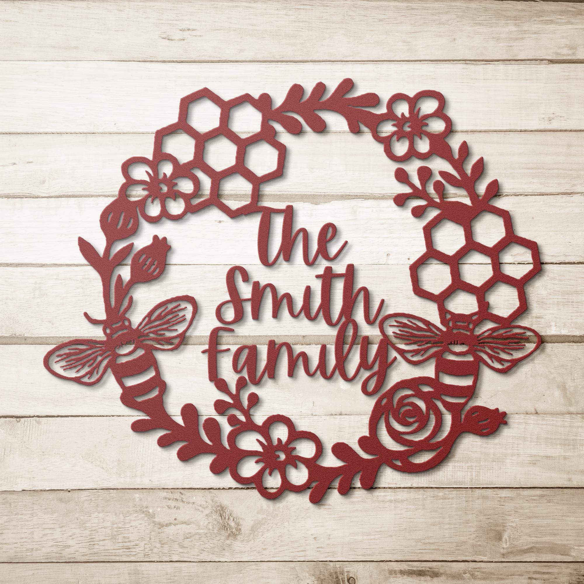 Personalized Bee Family Name Sign, Honeycomb Metal Wreath, Die Cut Gift