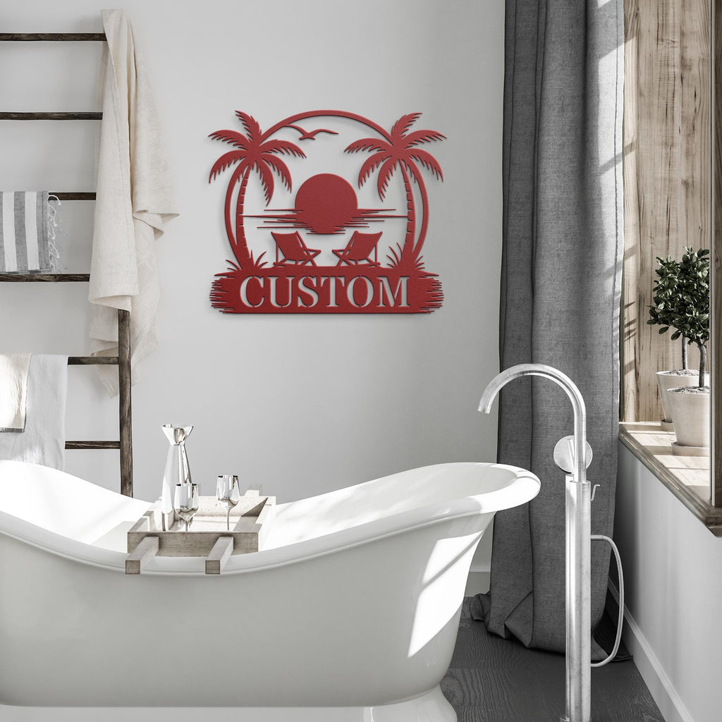 Personalized Beach House Sign - Custom Metal Plaque | Tropical Sunset Decor